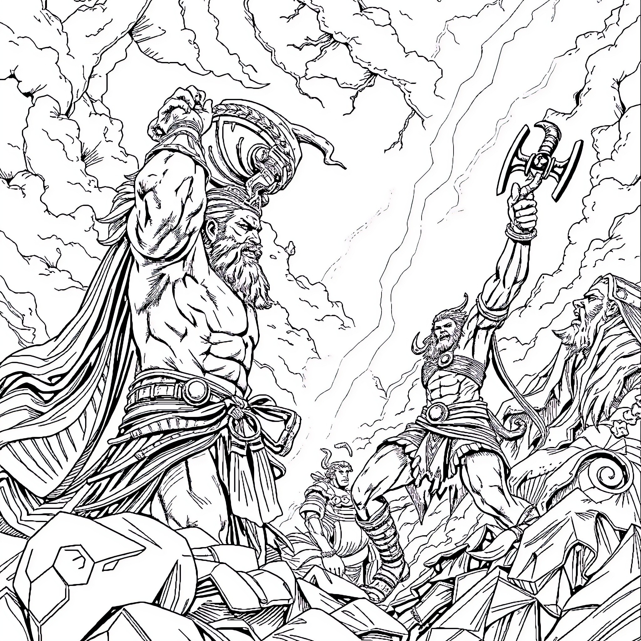 Kratos confronting mythological figures in an epic battle Coloring Page (free black-and-white line drawing printable PDF for all, from beginners to advanced learners, including children, teens, adults, and seniors)