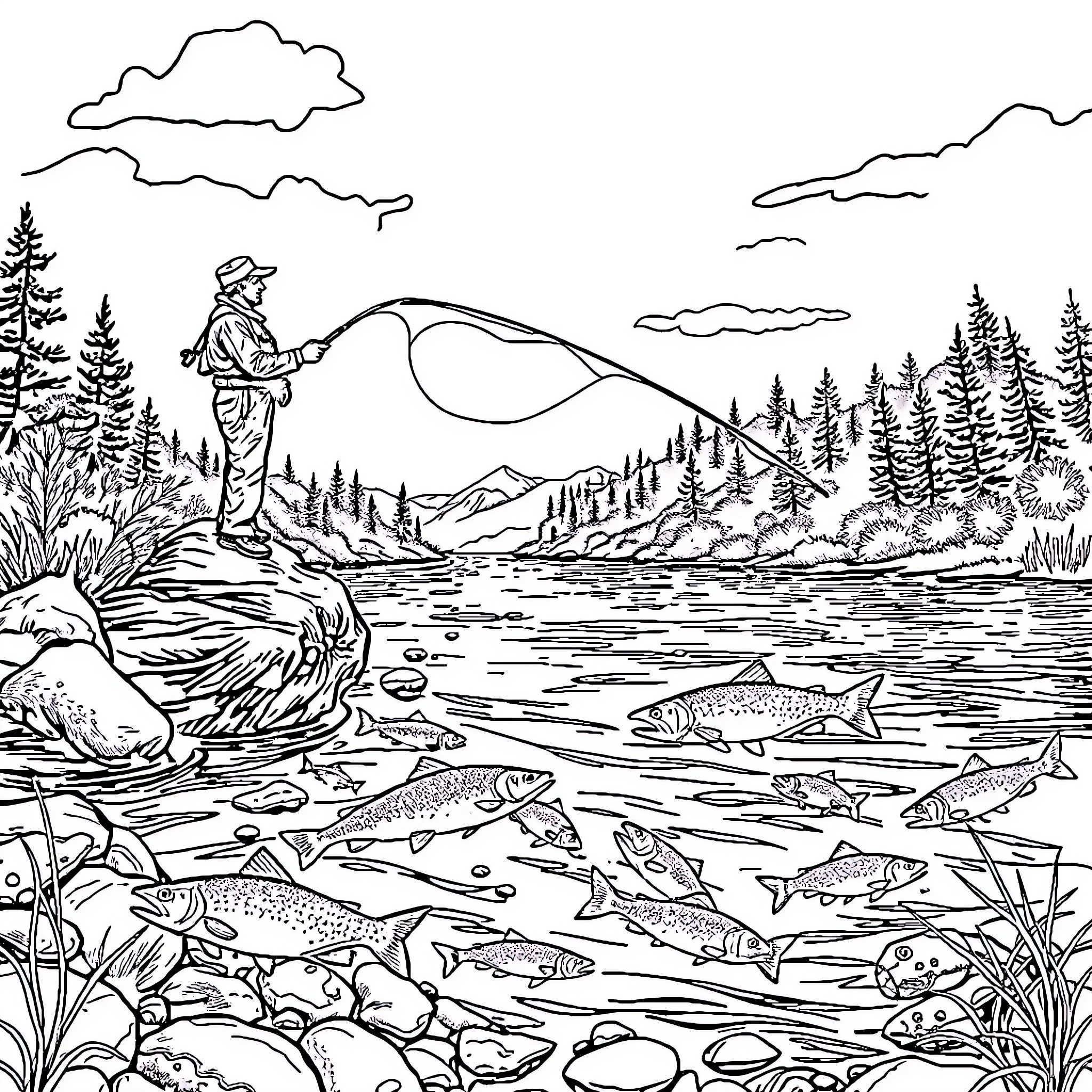 Fly Fisherman casting his line in the serene mountain stream Coloring Page (free black-and-white line drawing printable PDF for all, from beginners to advanced learners, including children, teens, adults, and seniors)