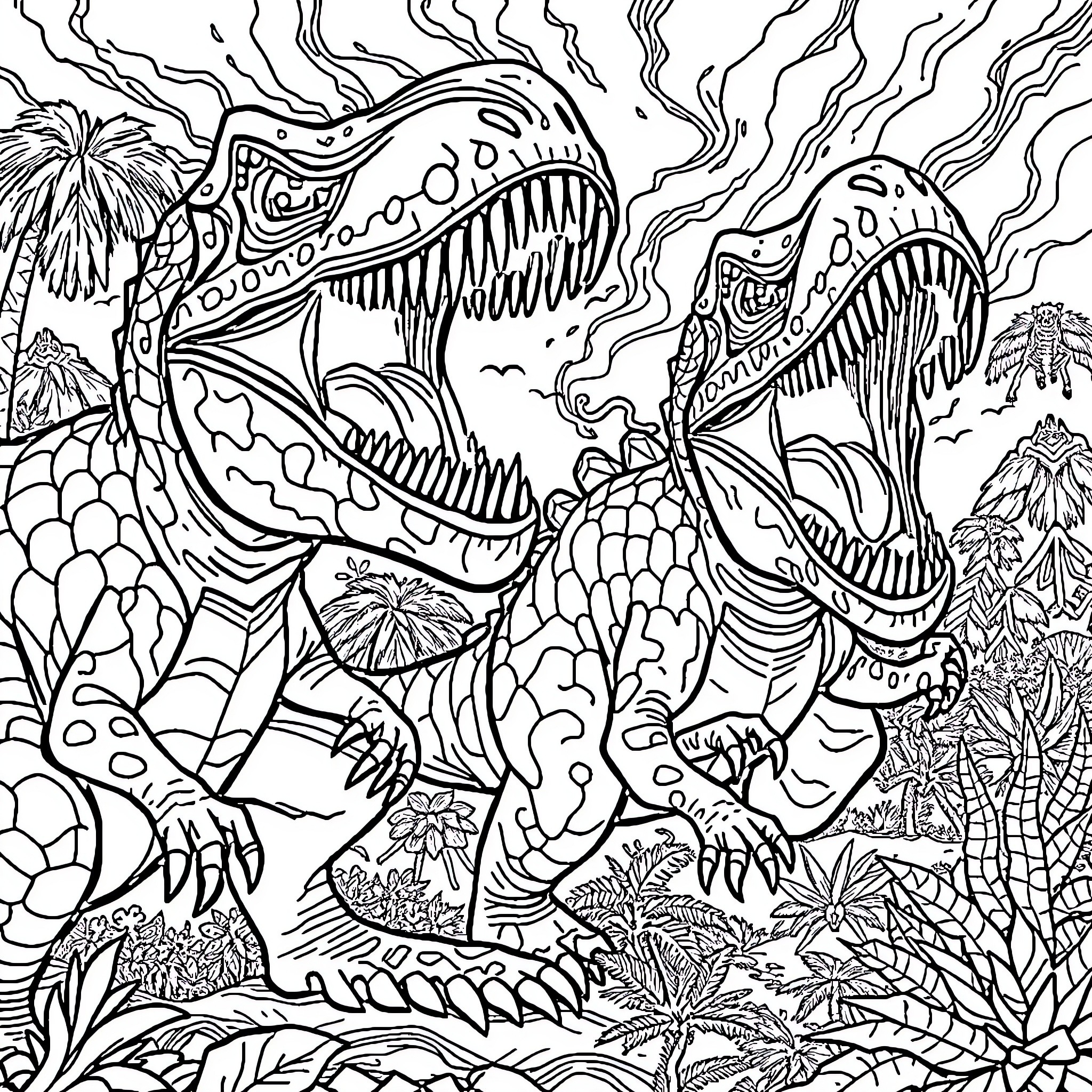 Dinosaurs in Fierce Confrontation in Prehistoric Landscape Coloring Page (free black-and-white line drawing printable PDF for all, from beginners to advanced learners, including children, teens, adults, and seniors)