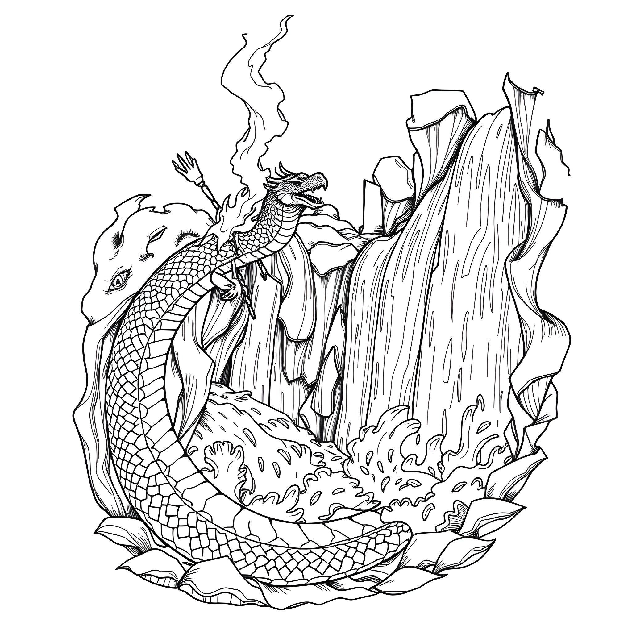 Uktena dragon emerging from volcanic landscape Coloring Page (free black-and-white line drawing printable PDF for all, from beginners to advanced learners, including children, teens, adults, and seniors)