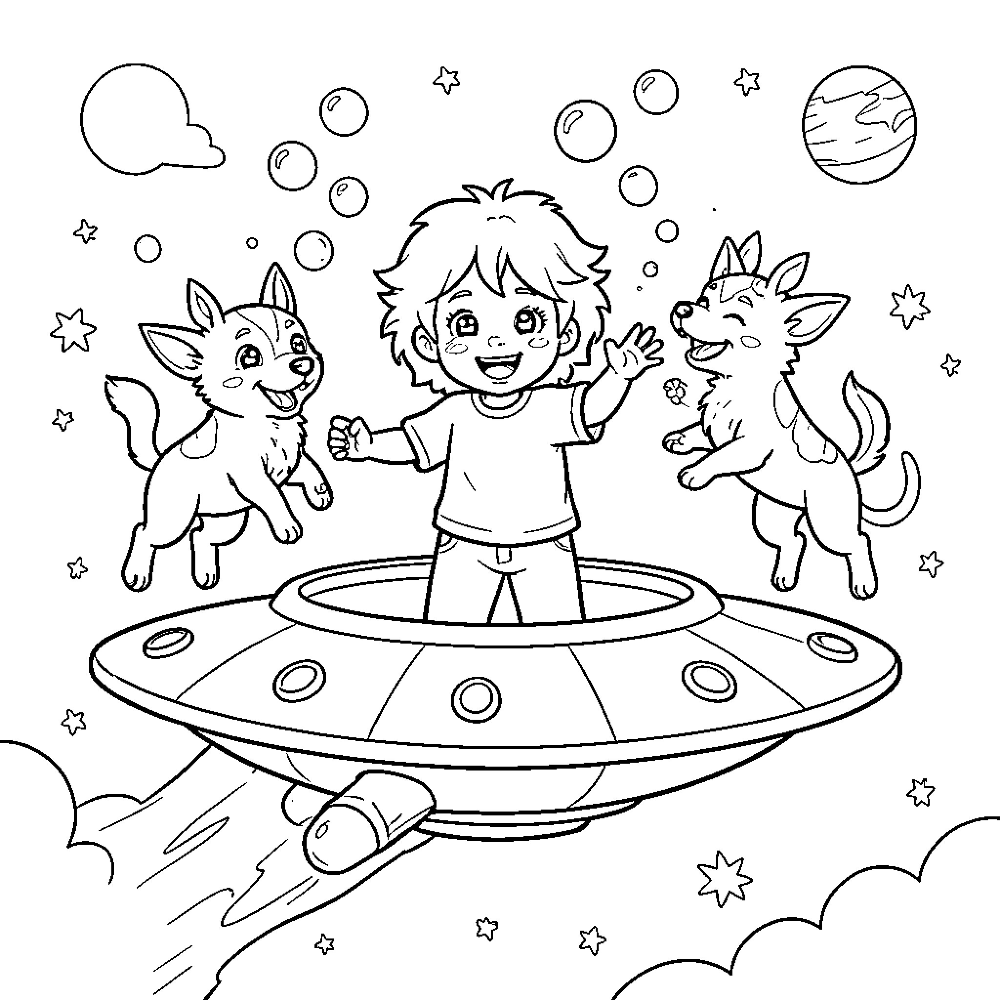 Enfant flying in a spaceship with two happy dogs Coloring Page (free black-and-white line drawing printable PDF for all, from beginners to advanced learners, including children, teens, adults, and seniors)