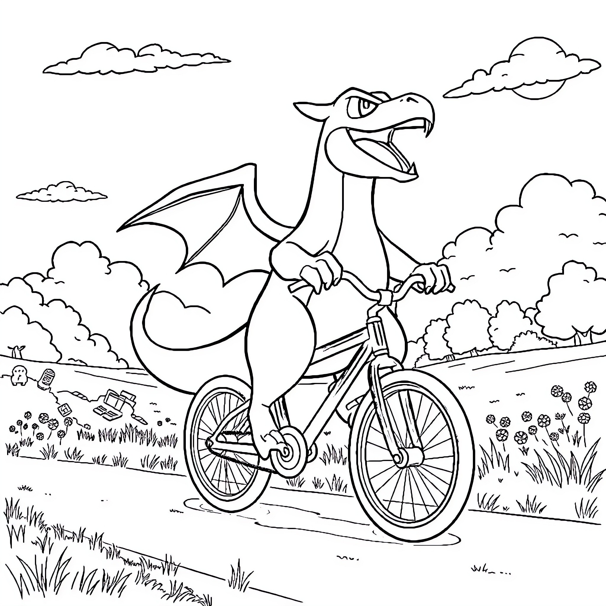 Charizard riding a bicycle in the countryside Coloring Page (free black-and-white line drawing printable PDF for all, from beginners to advanced learners, including children, teens, adults, and seniors)