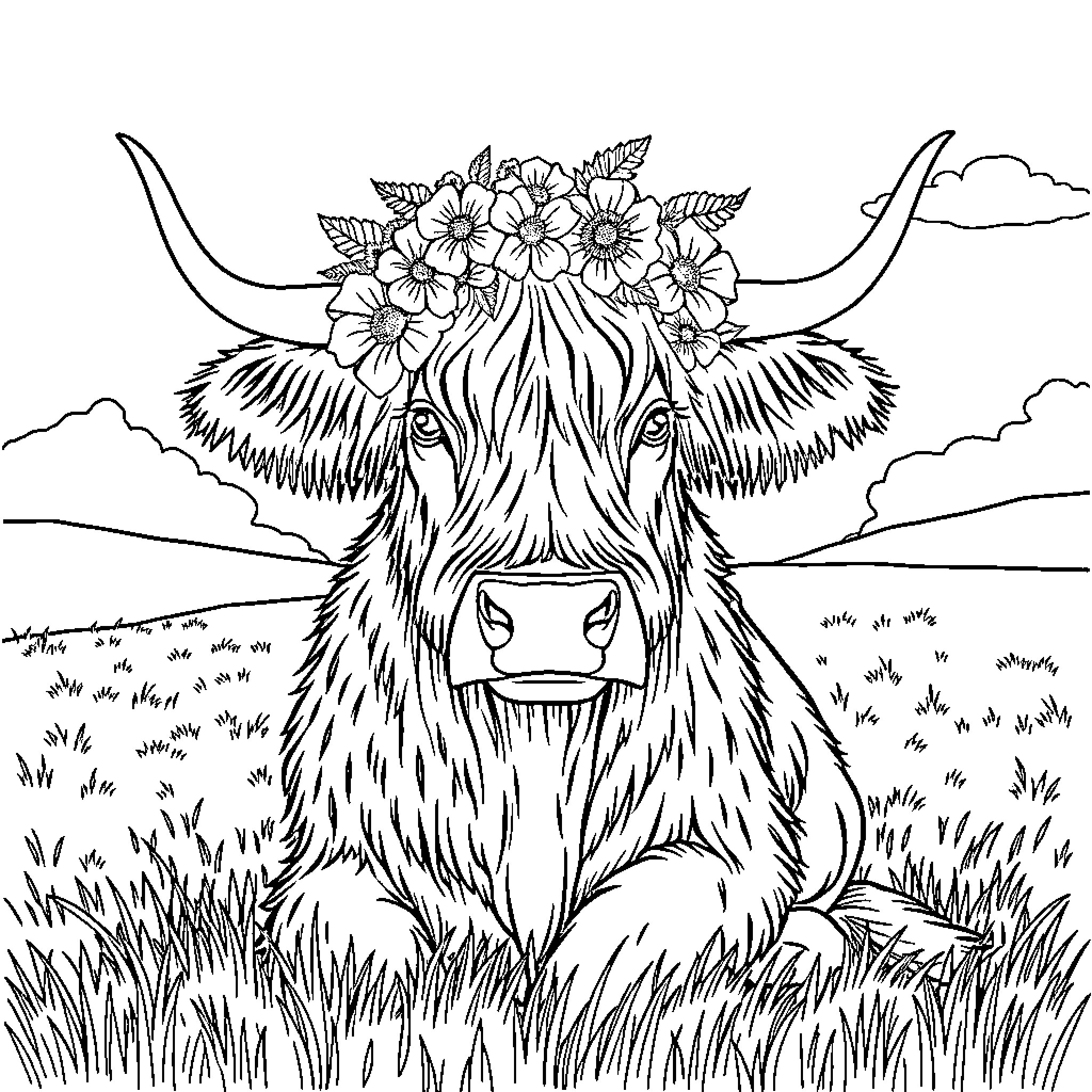 Highland Cow with floral crown in a meadow Coloring Page (free black-and-white line drawing printable PDF for all, from beginners to advanced learners, including children, teens, adults, and seniors)