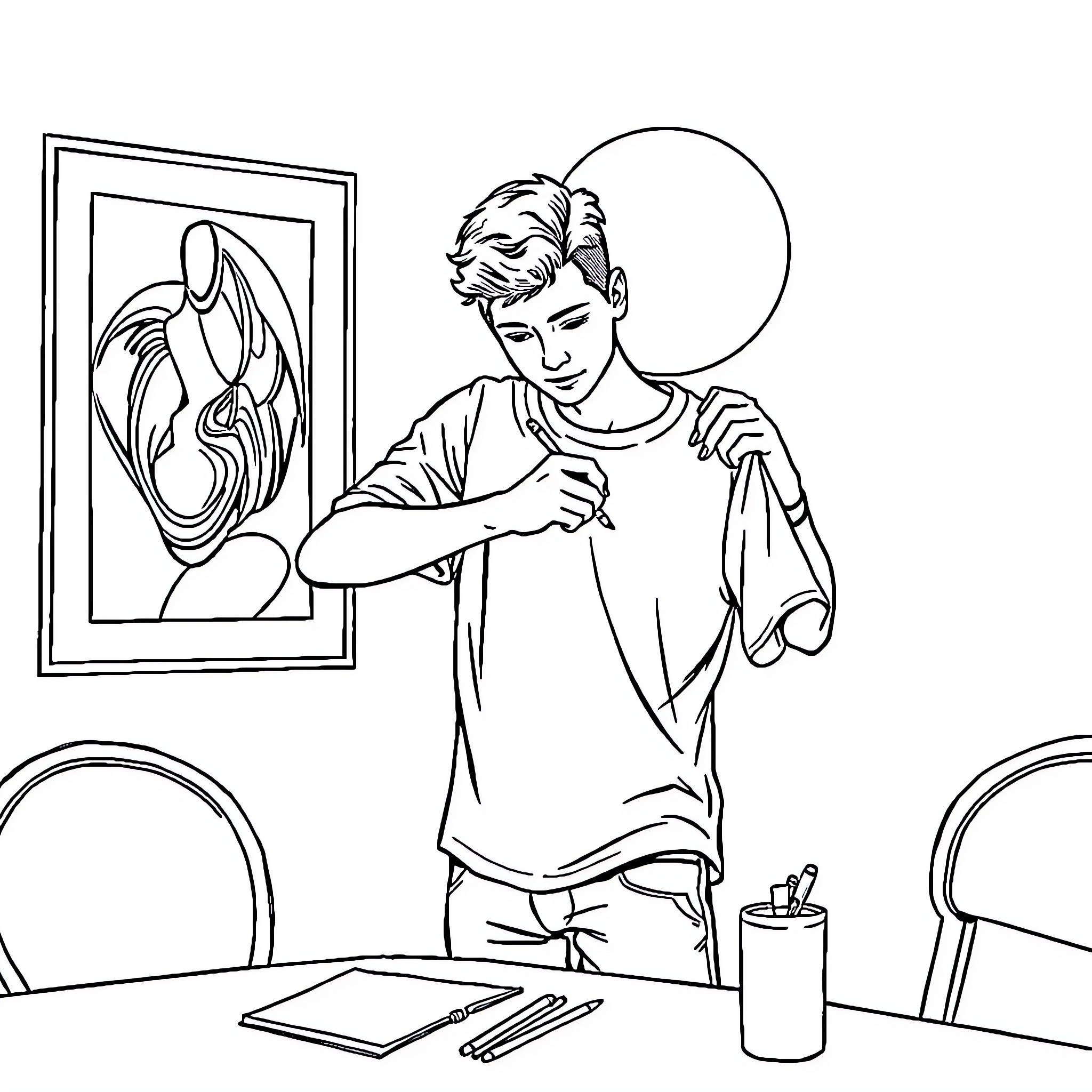 Guy intently sketching an abstract painting Coloring Page (free black-and-white line drawing printable PDF for all, from beginners to advanced learners, including children, teens, adults, and seniors)