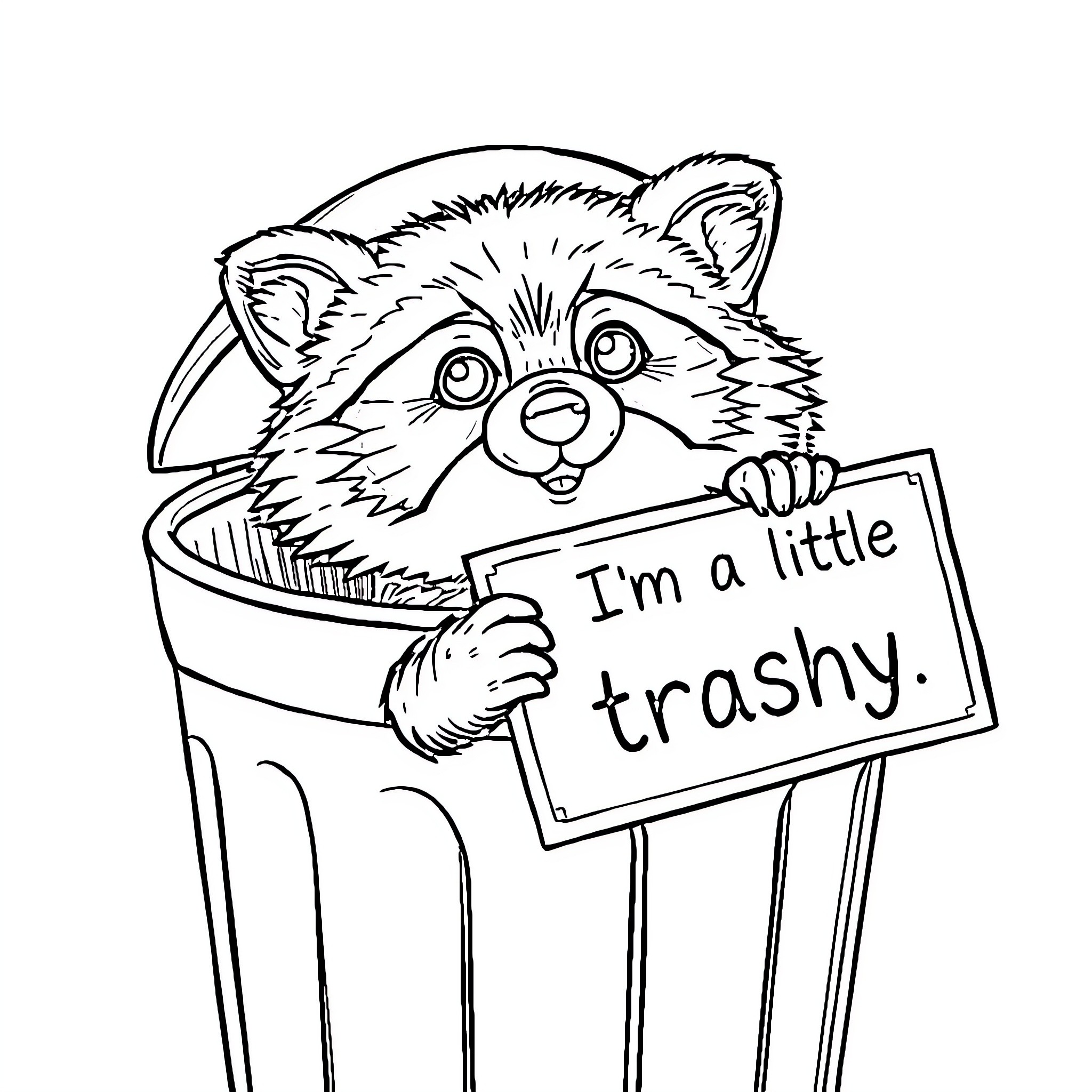 Raccoon declaring its mischievous nature Coloring Page (free black-and-white line drawing printable PDF for all, from beginners to advanced learners, including children, teens, adults, and seniors)