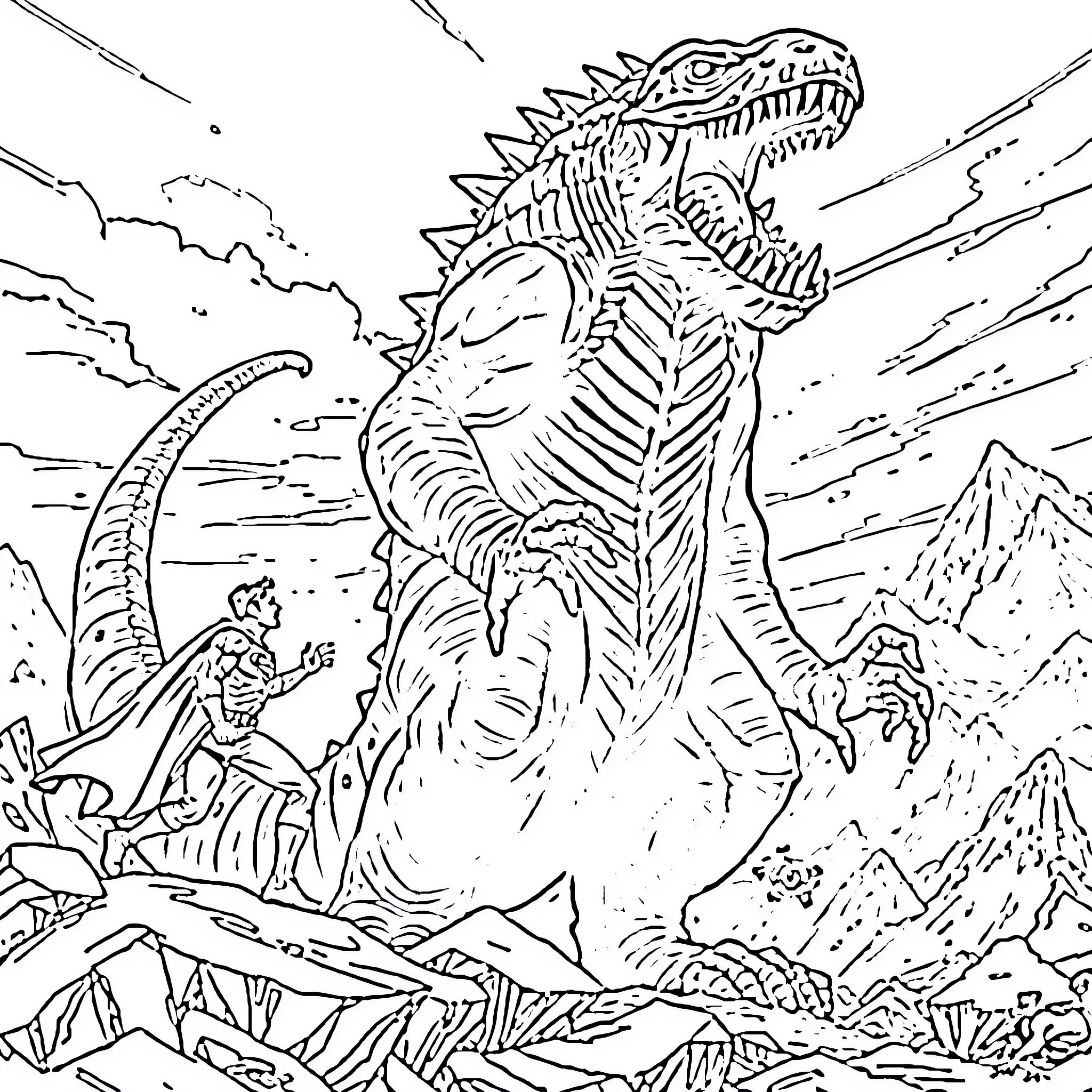 Superman confronting a monstrous Tyrannosaurus Rex Coloring Page (free black-and-white line drawing printable PDF for all, from beginners to advanced learners, including children, teens, adults, and seniors)