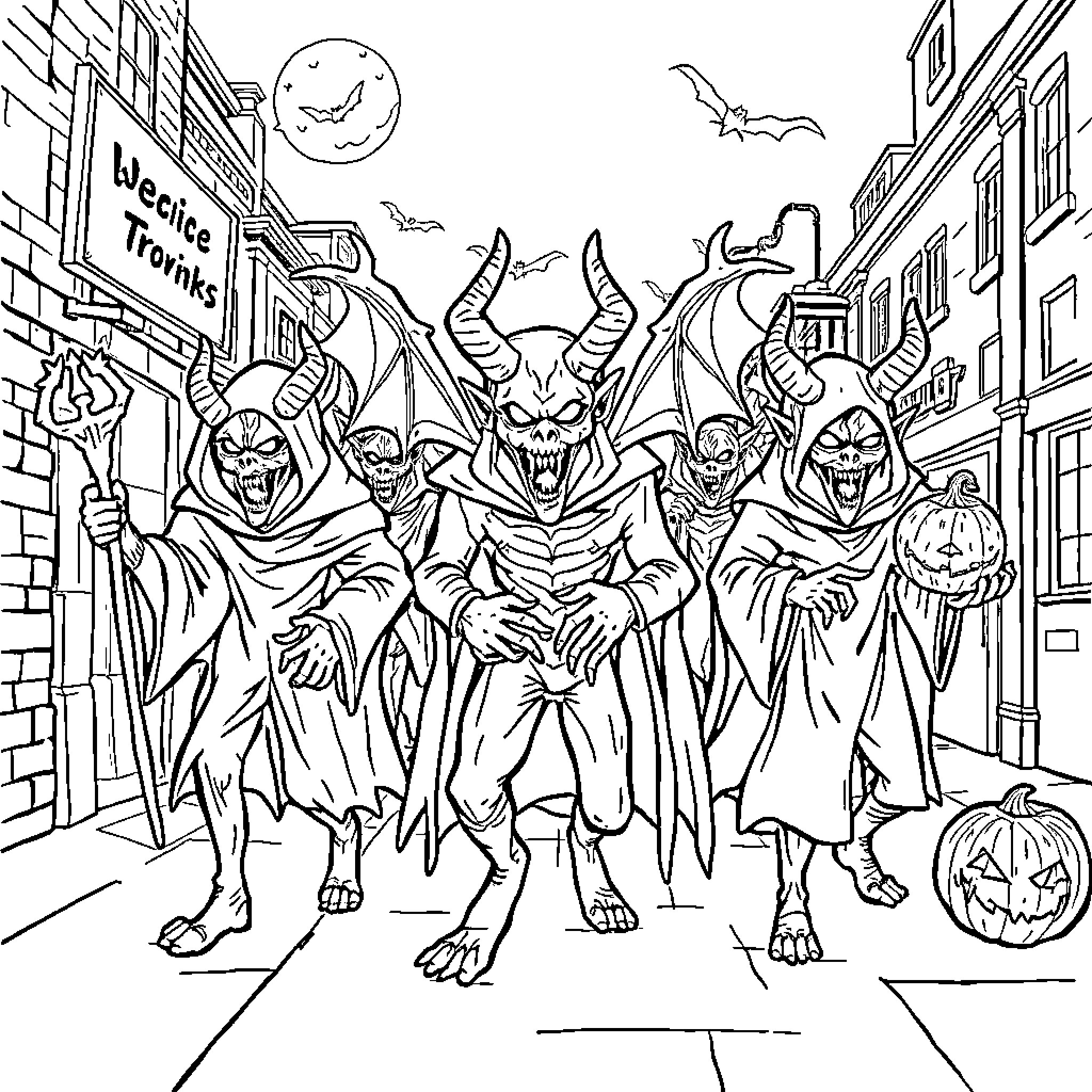 Demon Creatures Roaming the Spooky Halloween Town Coloring Page (free black-and-white line drawing printable PDF for all, from beginners to advanced learners, including children, teens, adults, and seniors)