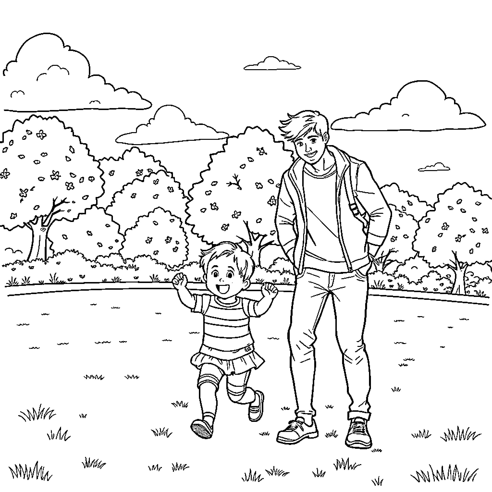 Family enjoying outdoor time together Coloring Page (free black-and-white line drawing printable PDF for all, from beginners to advanced learners, including children, teens, adults, and seniors)