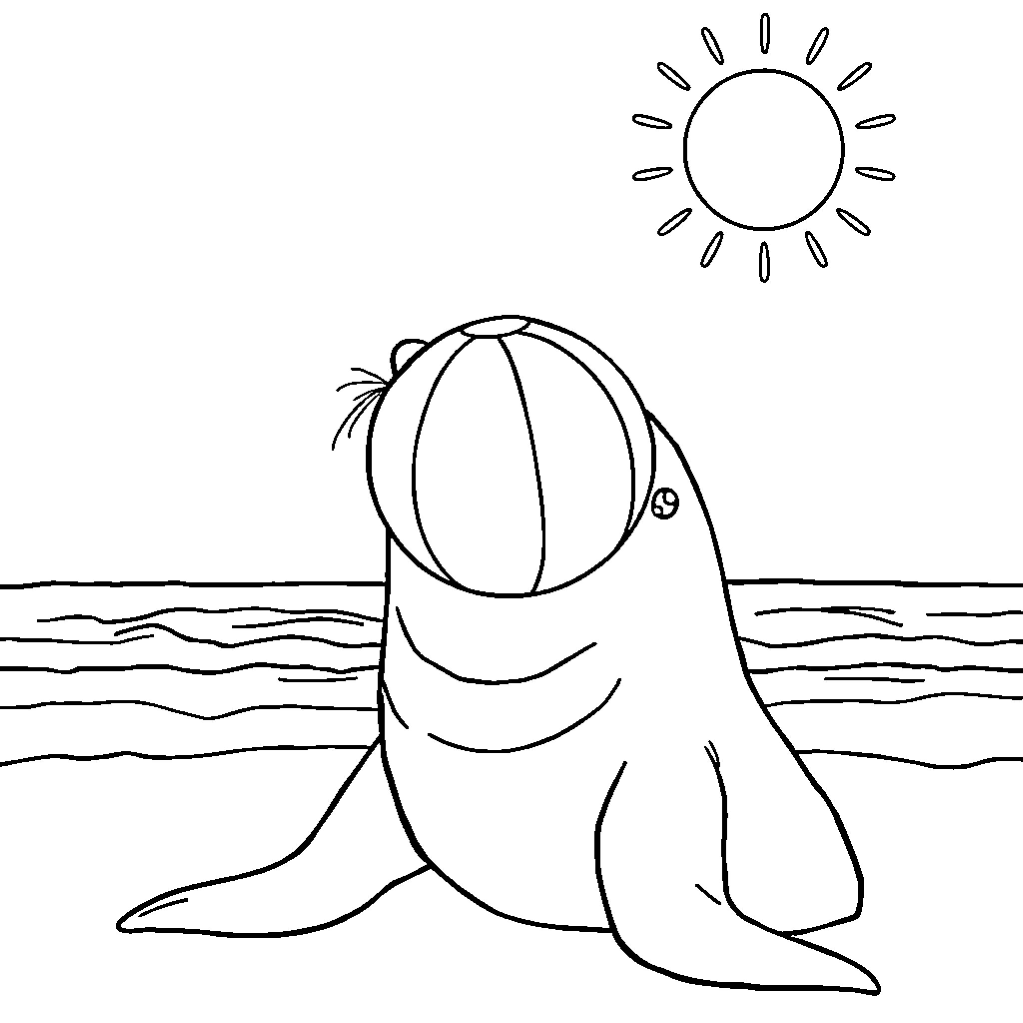 Sea Lion playing with beach ball on sunny shore Coloring Page (free black-and-white line drawing printable PDF for all, from beginners to advanced learners, including children, teens, adults, and seniors)