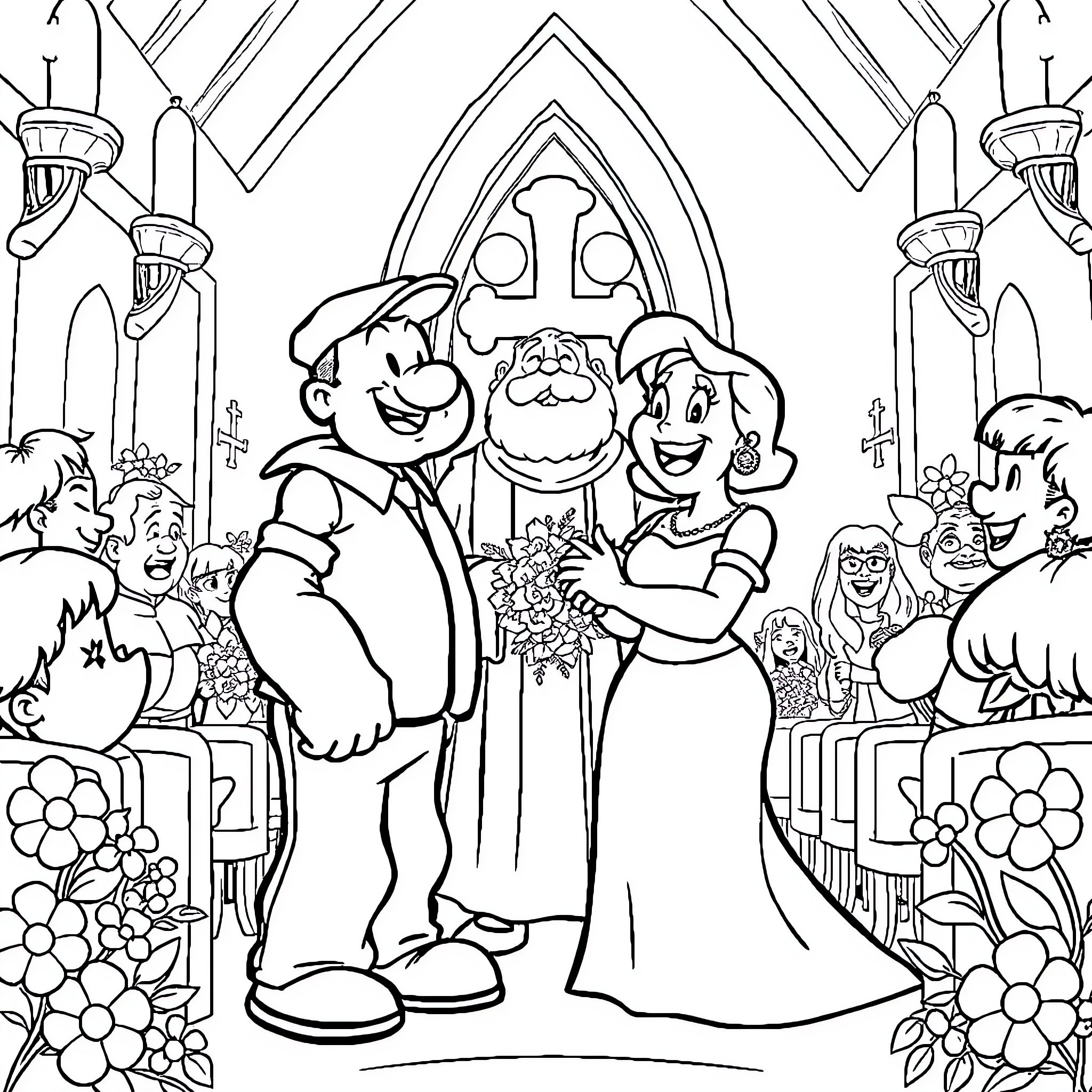 Popeye Celebrates a Wedding Ceremony in a Church Coloring Page (free black-and-white line drawing printable PDF for all, from beginners to advanced learners, including children, teens, adults, and seniors)