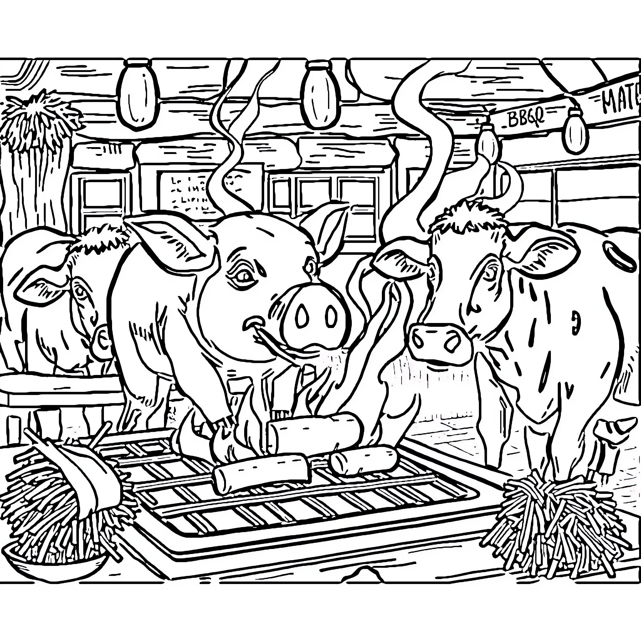 Pigs enjoying a lively barbecue scene Coloring Page (free black-and-white line drawing printable PDF for all, from beginners to advanced learners, including children, teens, adults, and seniors)