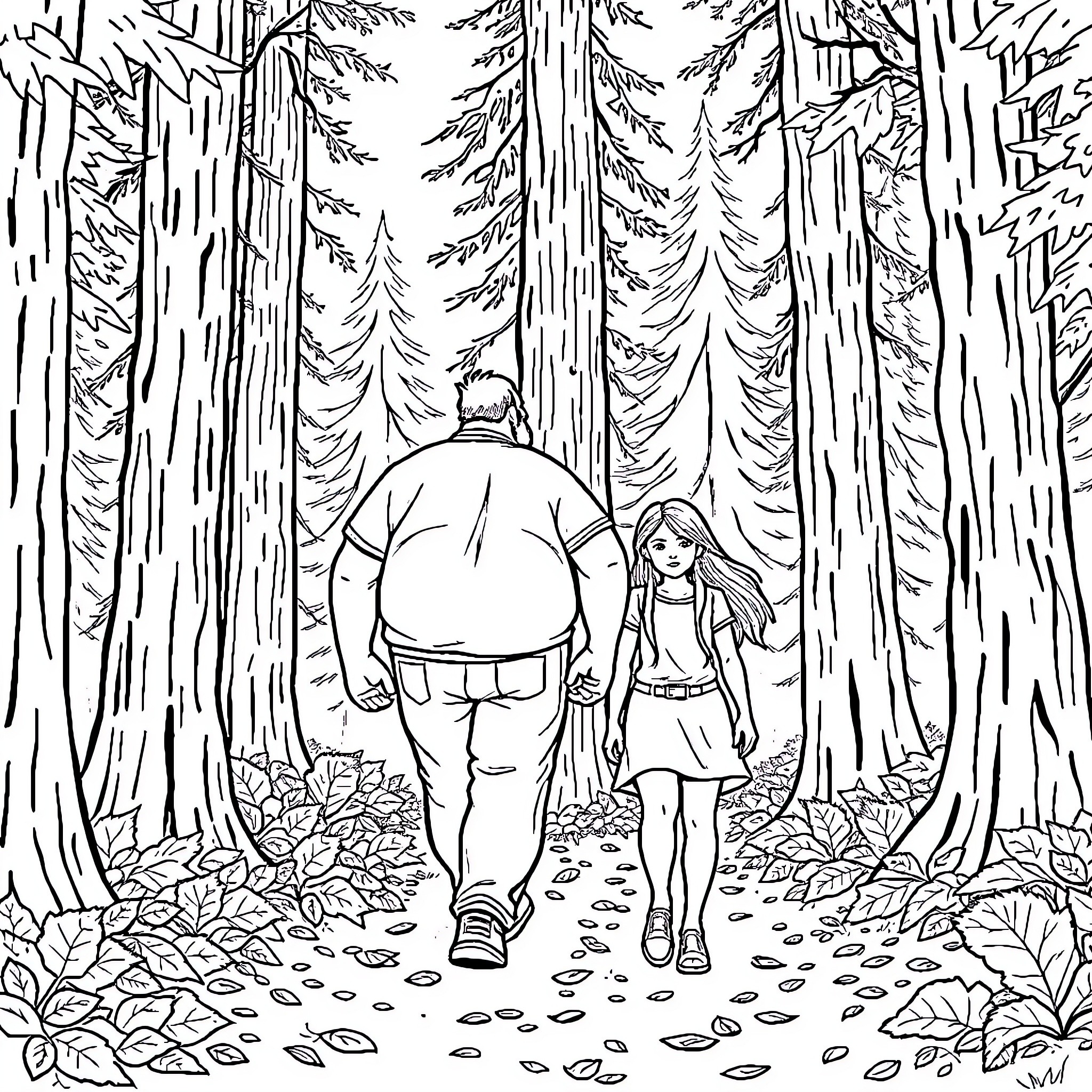 Guy and Girl Exploring the Mysterious Forest Coloring Page (free black-and-white line drawing printable PDF for all, from beginners to advanced learners, including children, teens, adults, and seniors)
