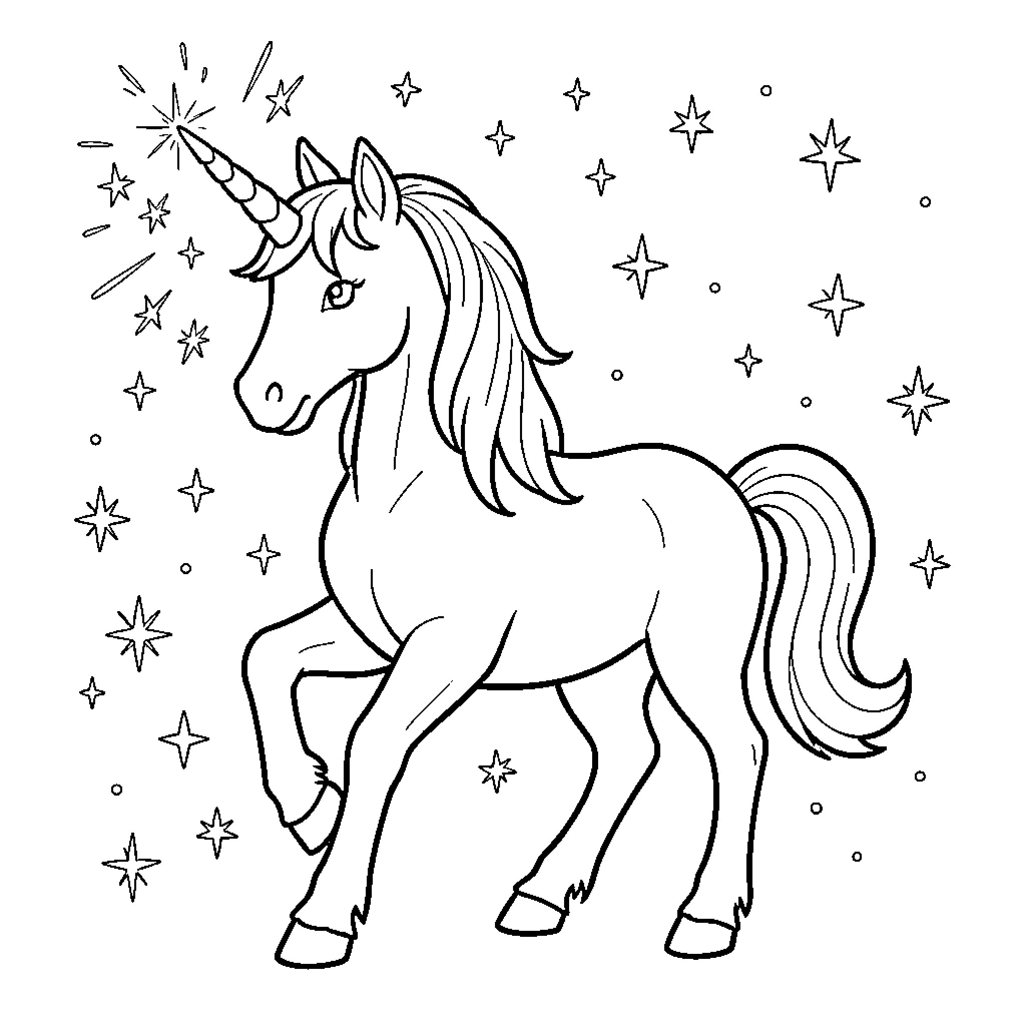 Unicorn posing amidst a magical field of stars Coloring Page (free black-and-white line drawing printable PDF for all, from beginners to advanced learners, including children, teens, adults, and seniors)