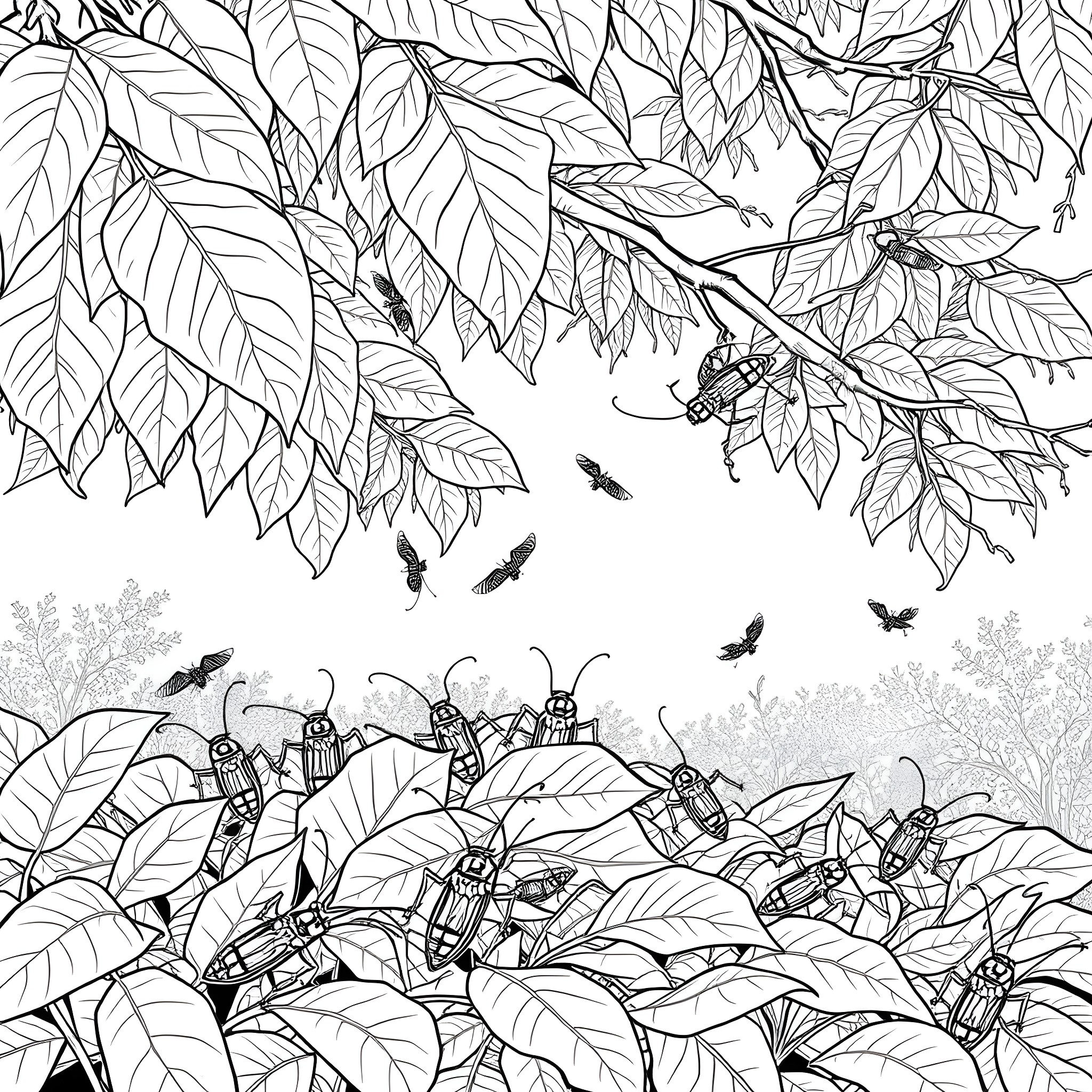 Cockroaches swarming in foliage Coloring Page (free black-and-white line drawing printable PDF for all, from beginners to advanced learners, including children, teens, adults, and seniors)