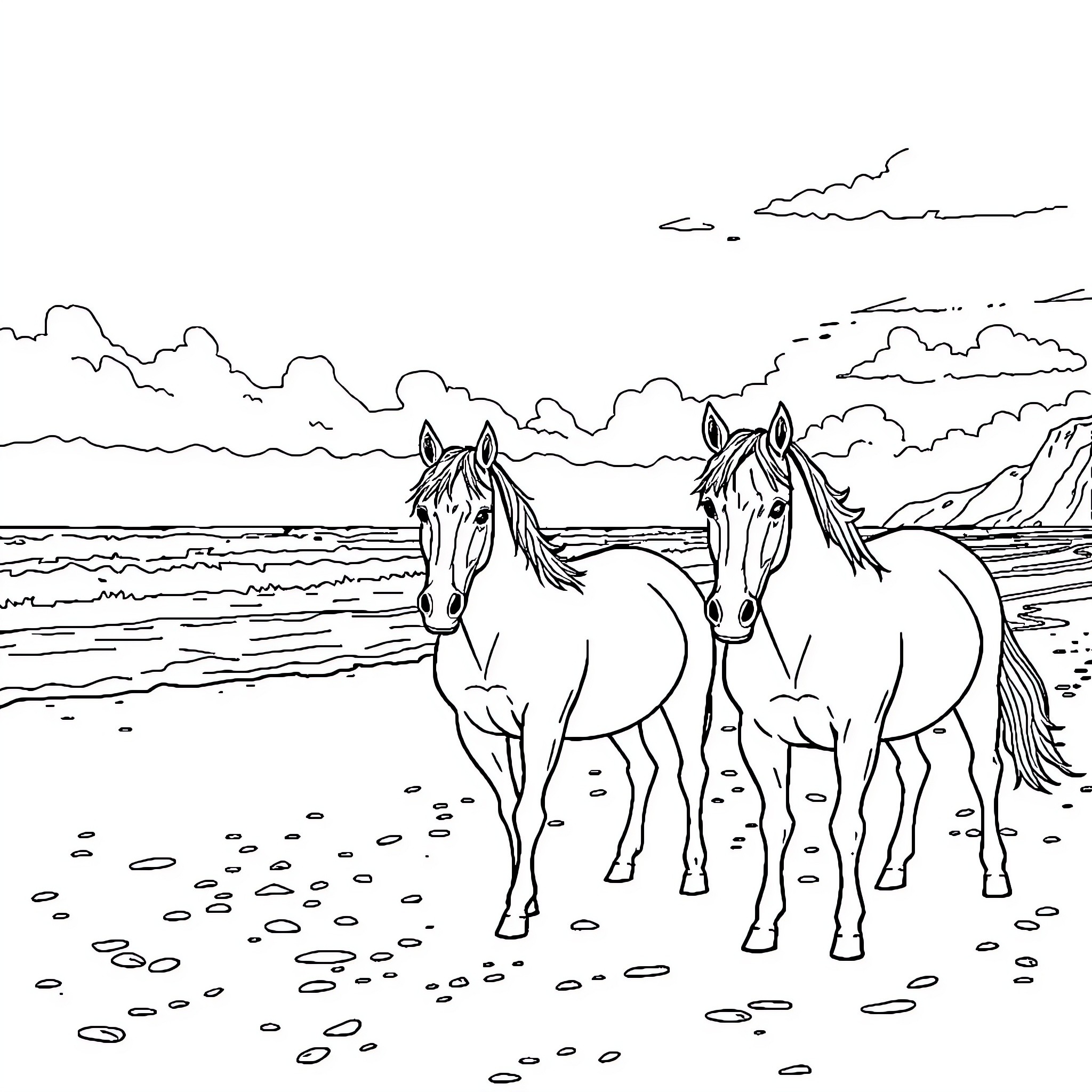 Car horses walking together on the beach Coloring Page (free black-and-white line drawing printable PDF for all, from beginners to advanced learners, including children, teens, adults, and seniors)