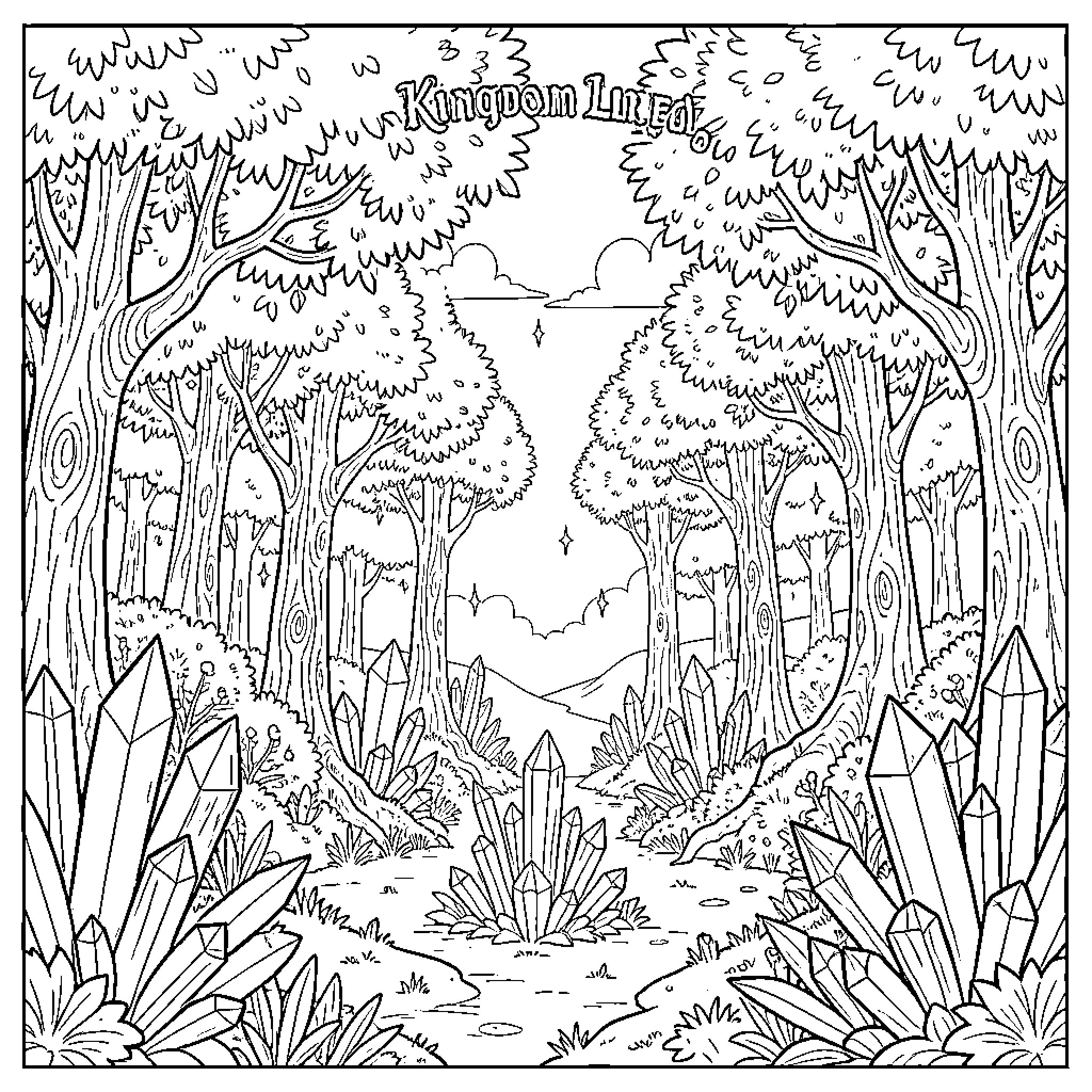 Lireo: Enchanted Forest Landscape Coloring Page (free black-and-white line drawing printable PDF for all, from beginners to advanced learners, including children, teens, adults, and seniors)