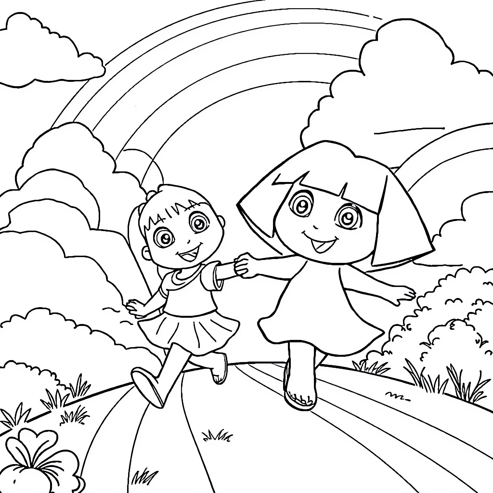 Bluey and Dora exploring the outdoors happily Coloring Page (free black-and-white line drawing printable PDF for all, from beginners to advanced learners, including children, teens, adults, and seniors)