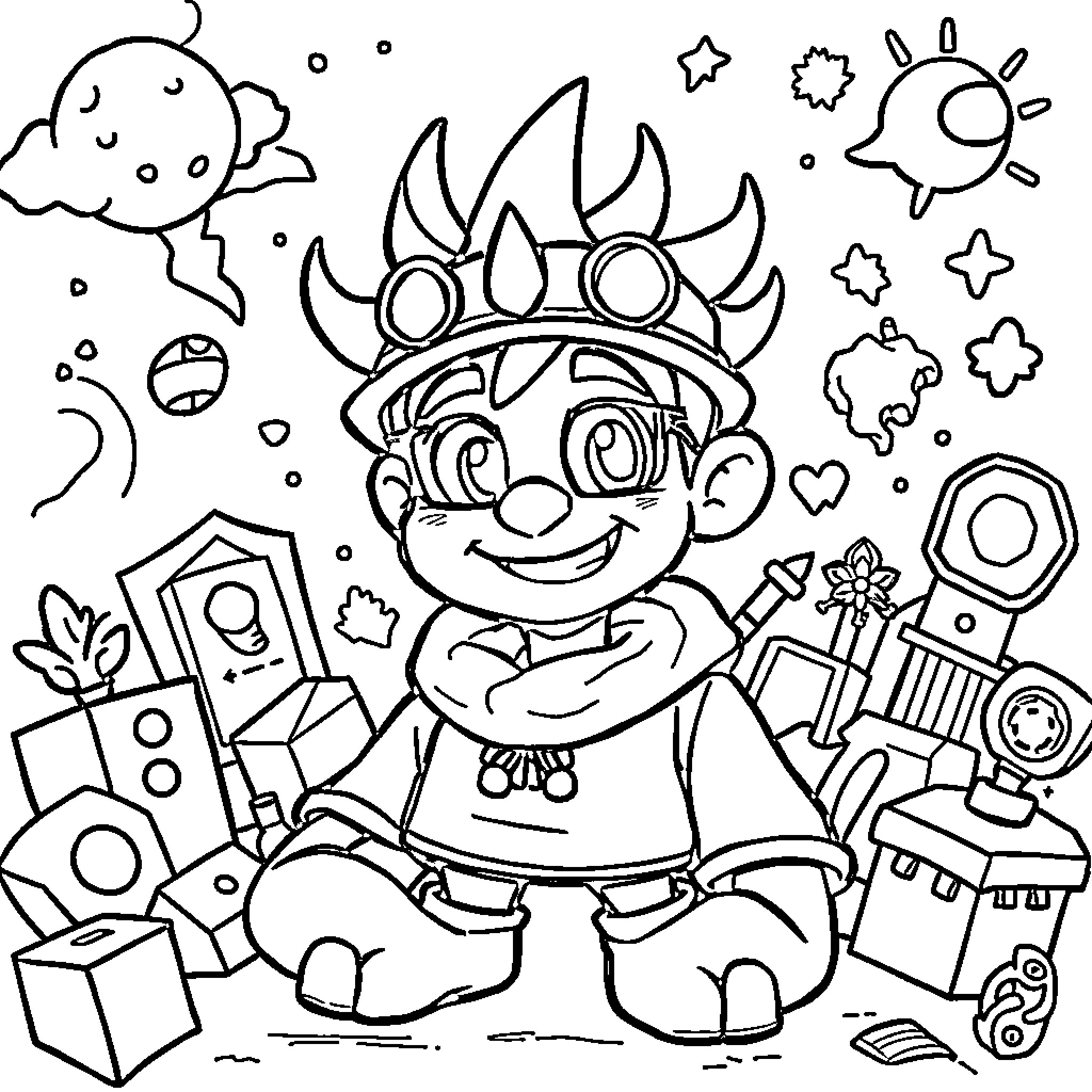 Sammy's Playful Adventure with Toys and Shapes Coloring Page (free black-and-white line drawing printable PDF for all, from beginners to advanced learners, including children, teens, adults, and seniors)