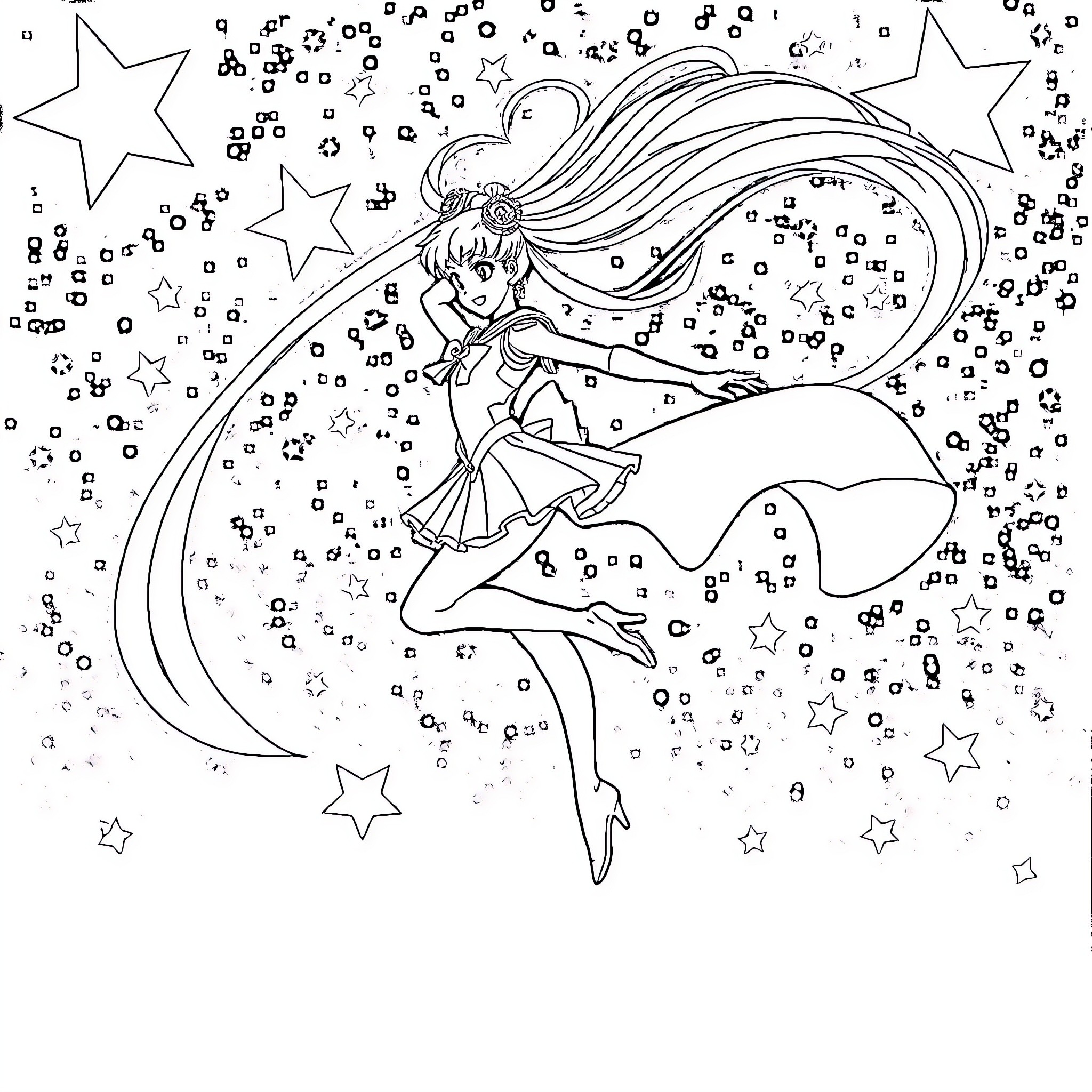 Sailor Moon Dances Amidst the Stars Coloring Page (free black-and-white line drawing printable PDF for all, from beginners to advanced learners, including children, teens, adults, and seniors)