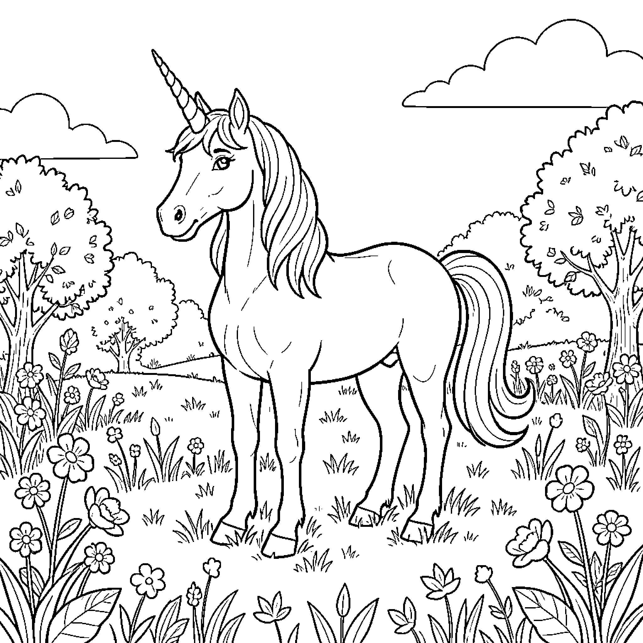 Unicorn standing peacefully in a blooming meadow Coloring Page (free black-and-white line drawing printable PDF for all, from beginners to advanced learners, including children, teens, adults, and seniors)