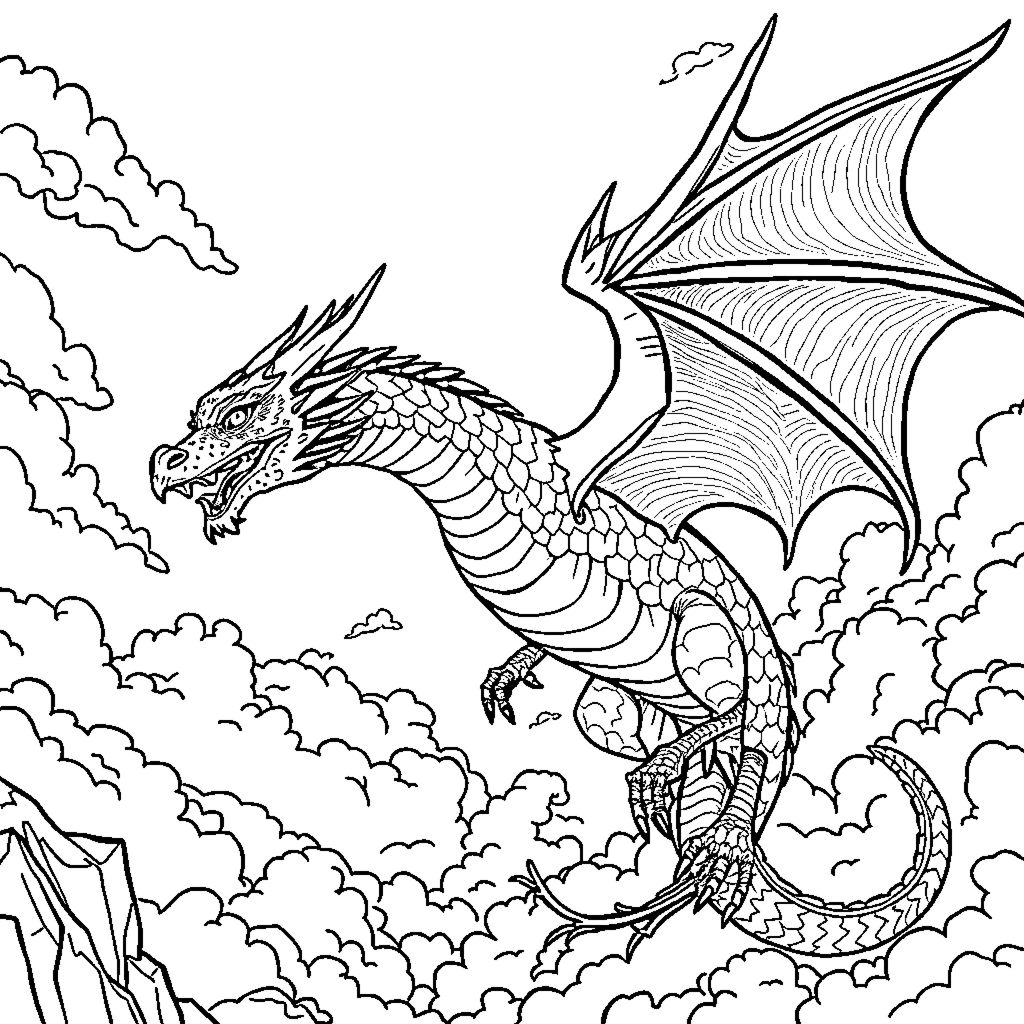 Dragon soaring through the cloudy skies Coloring Page (free black-and-white line drawing printable PDF for all, from beginners to advanced learners, including children, teens, adults, and seniors)