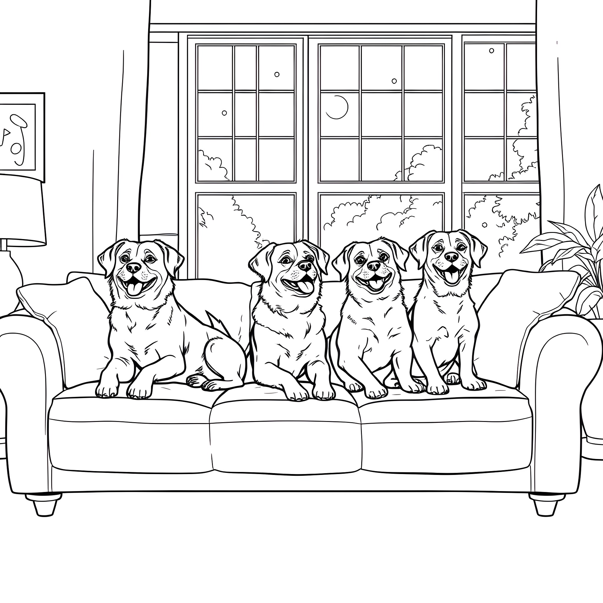 Dogs sitting happily on the couch Coloring Page (free black-and-white line drawing printable PDF for all, from beginners to advanced learners, including children, teens, adults, and seniors)