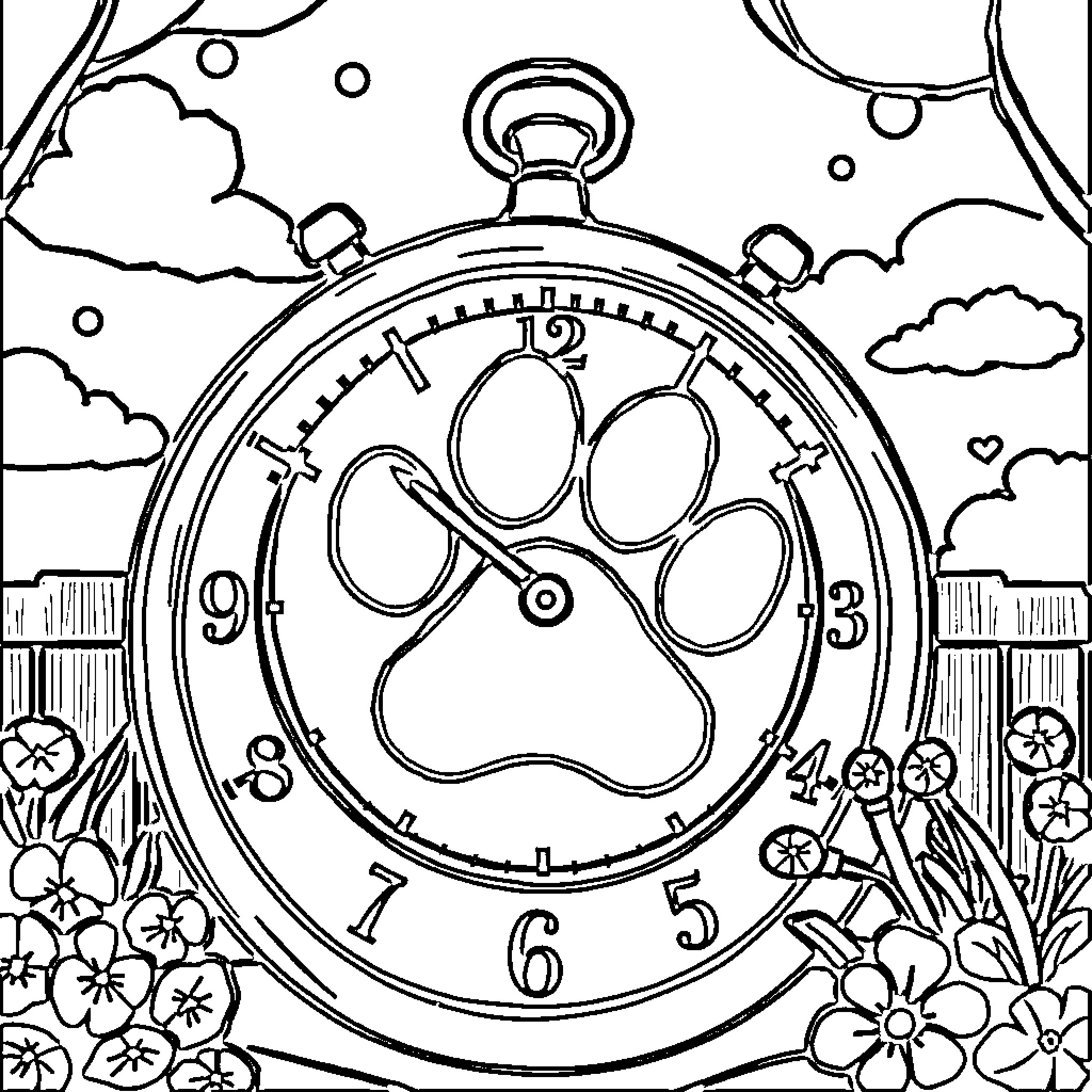 Blue Paw Print Pocket Watch in Scenic Garden Coloring Page (free black-and-white line drawing printable PDF for all, from beginners to advanced learners, including children, teens, adults, and seniors)