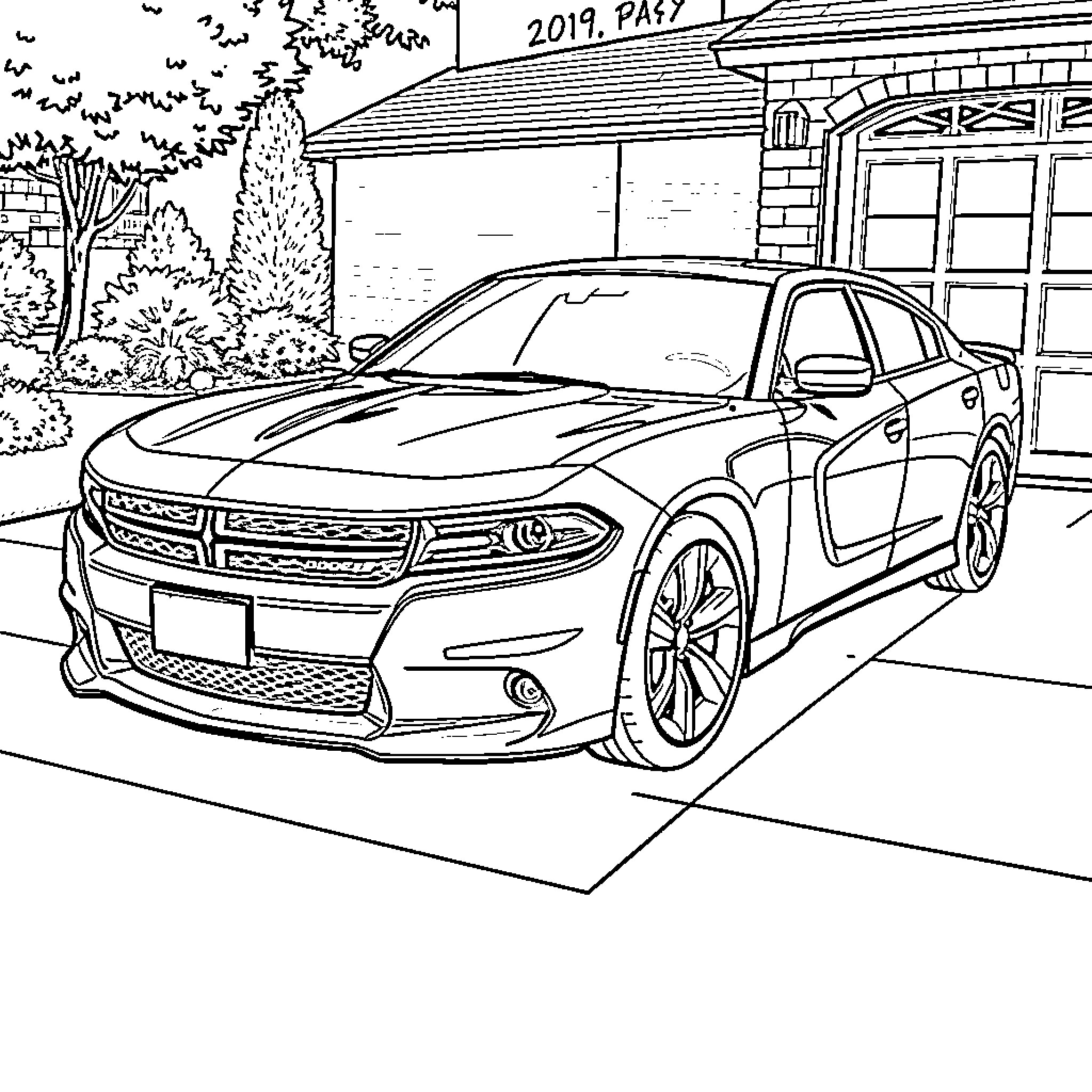 Dodge Charger in front of building Coloring Page (free black-and-white line drawing printable PDF for all, from beginners to advanced learners, including children, teens, adults, and seniors)