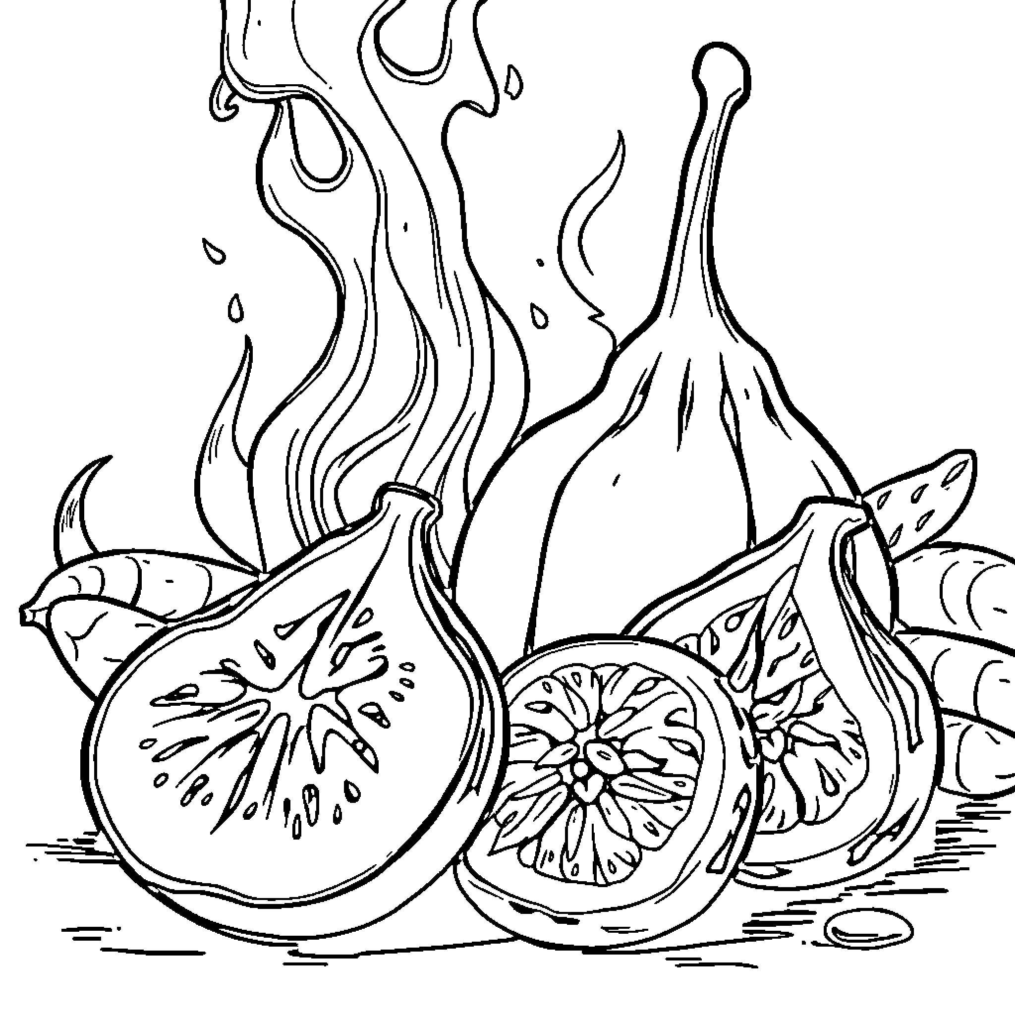 Food items and produce in artistic rendering Coloring Page (free black-and-white line drawing printable PDF for all, from beginners to advanced learners, including children, teens, adults, and seniors)