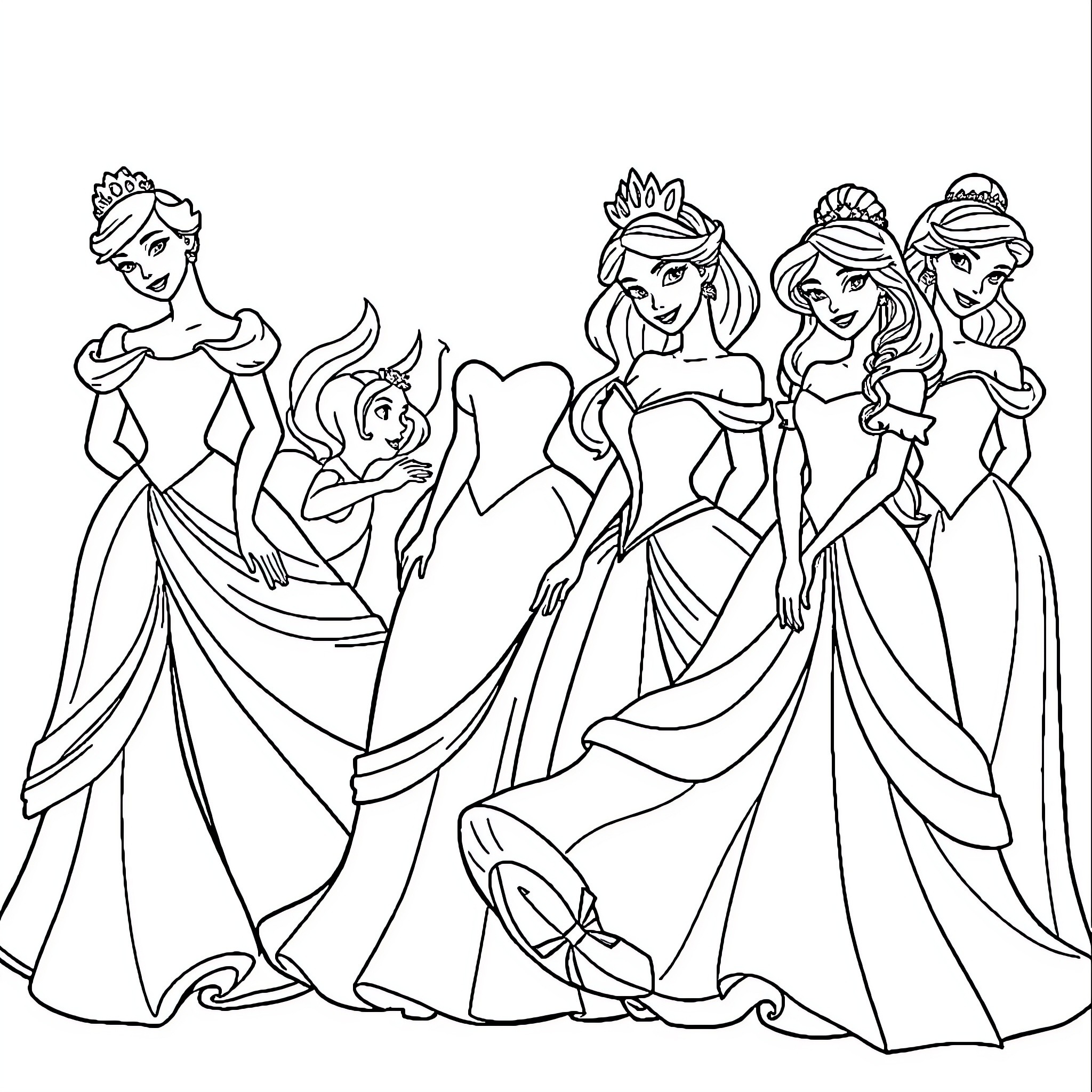 Princess Gathering in Elegant Attire Coloring Page (free black-and-white line drawing printable PDF for all, from beginners to advanced learners, including children, teens, adults, and seniors)
