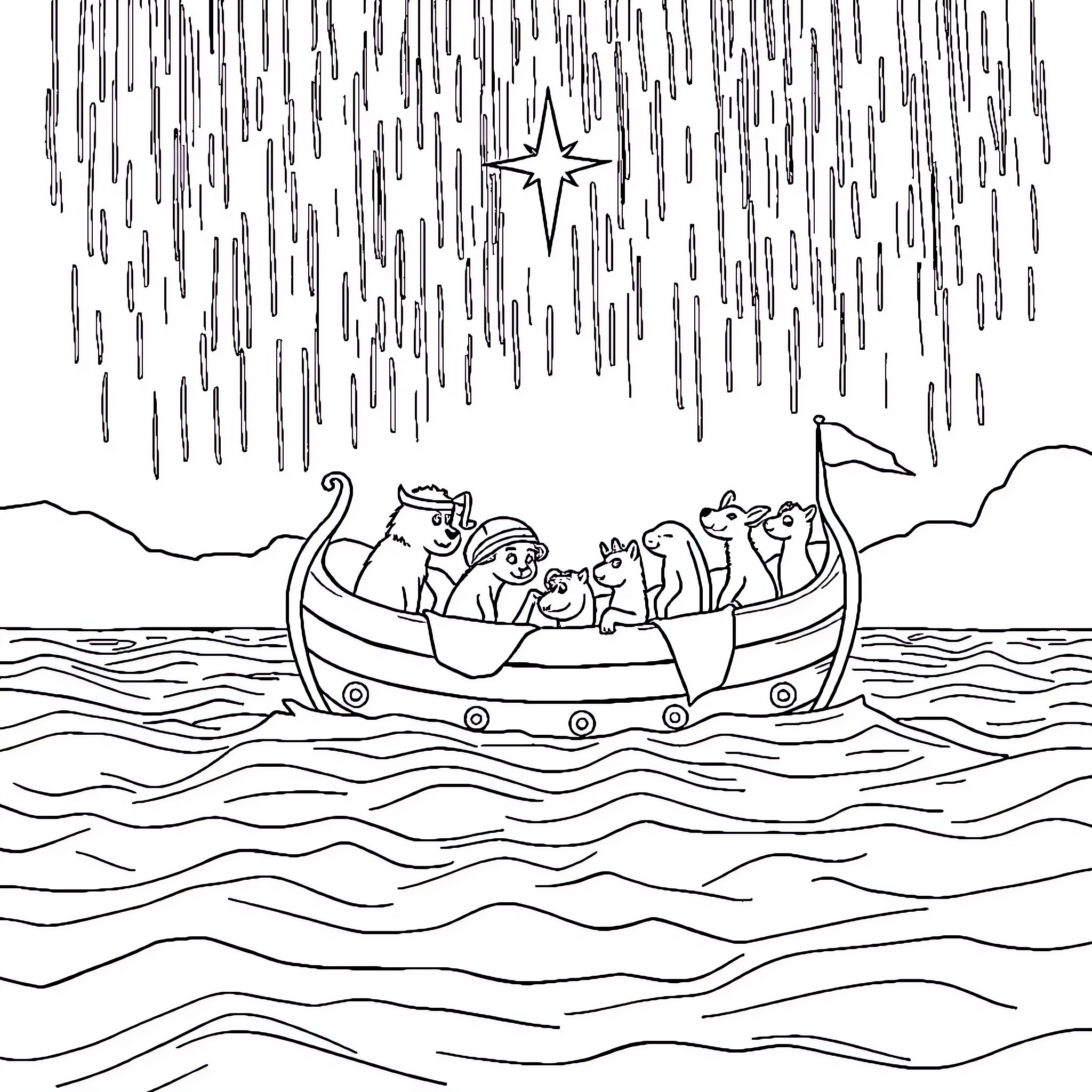 Noah's Ark carrying animals through the stormy seas Coloring Page (free black-and-white line drawing printable PDF for all, from beginners to advanced learners, including children, teens, adults, and seniors)