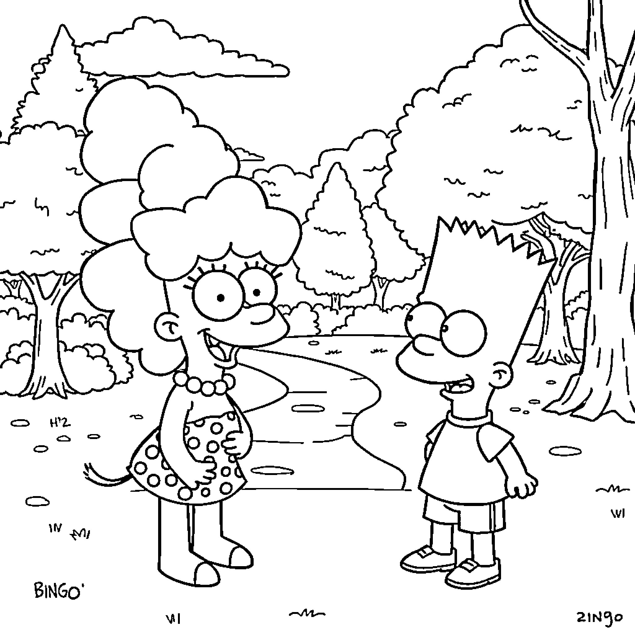 Bluey and Bingo explore the forest wonderland Coloring Page (free black-and-white line drawing printable PDF for all, from beginners to advanced learners, including children, teens, adults, and seniors)