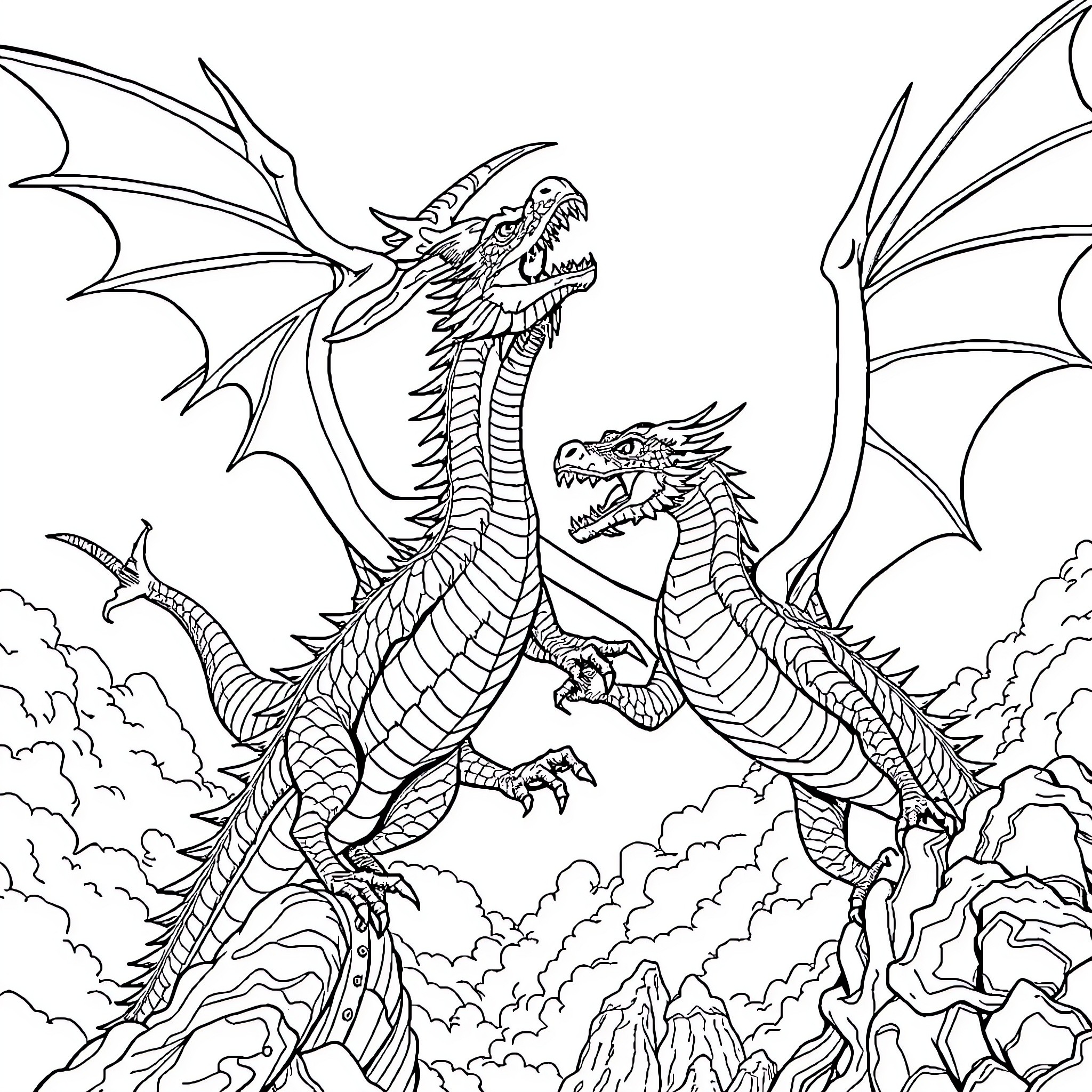 Dragon duo soaring through the cloudy skies Coloring Page (free black-and-white line drawing printable PDF for all, from beginners to advanced learners, including children, teens, adults, and seniors)