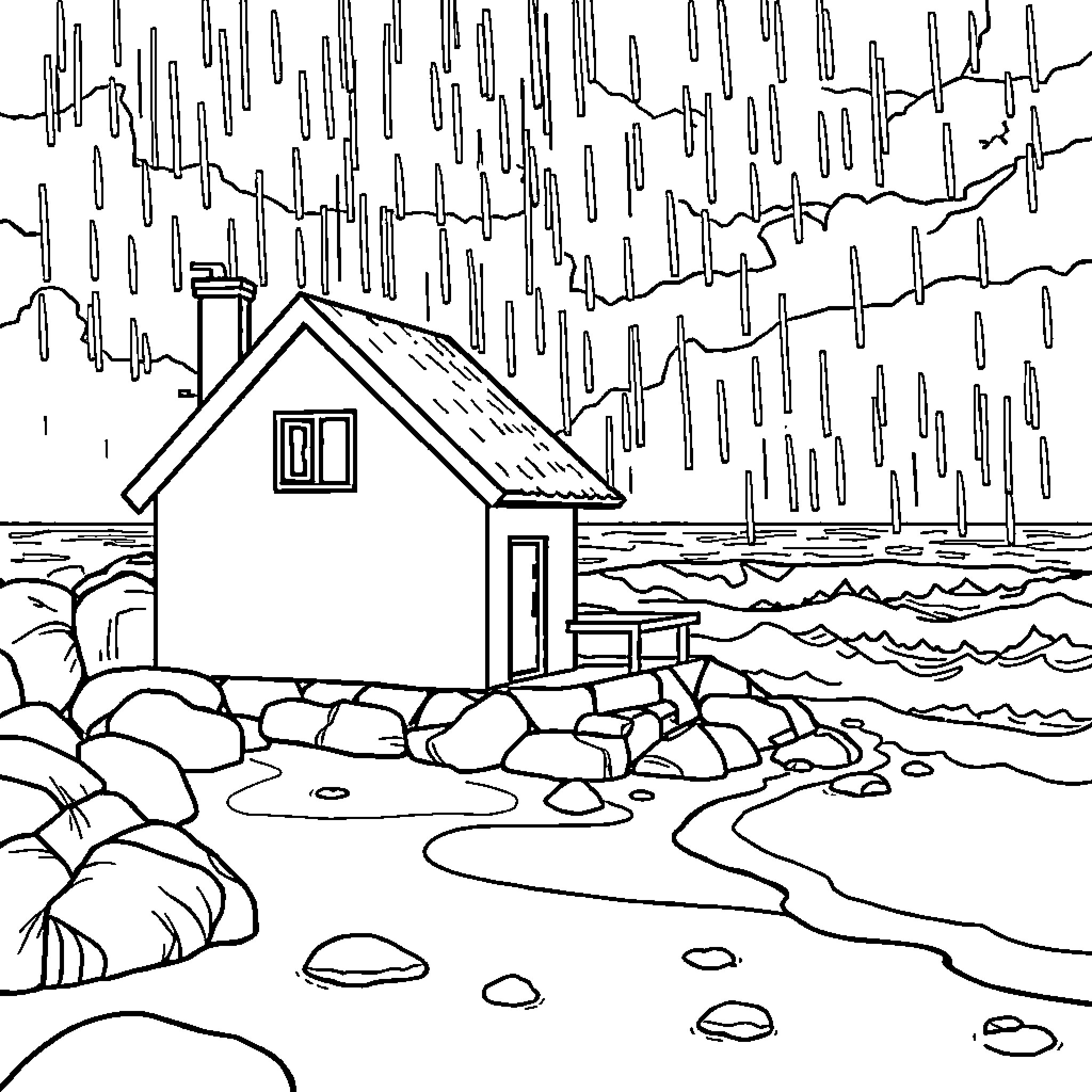 Casa - Rainy day by the lakehouse Coloring Page (free black-and-white line drawing printable PDF for all, from beginners to advanced learners, including children, teens, adults, and seniors)