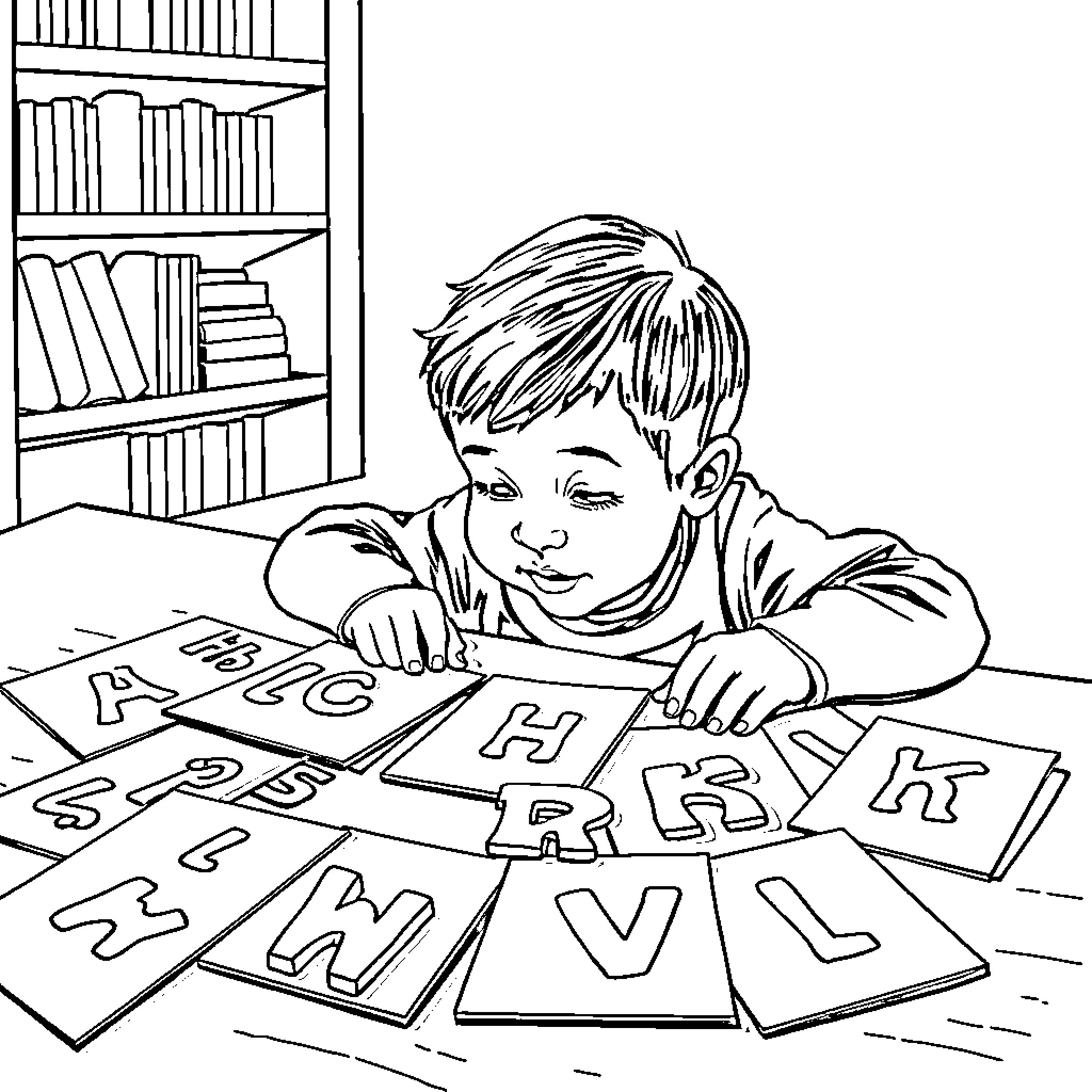 Letter Learning with Boy in Library Coloring Page (free black-and-white line drawing printable PDF for all, from beginners to advanced learners, including children, teens, adults, and seniors)
