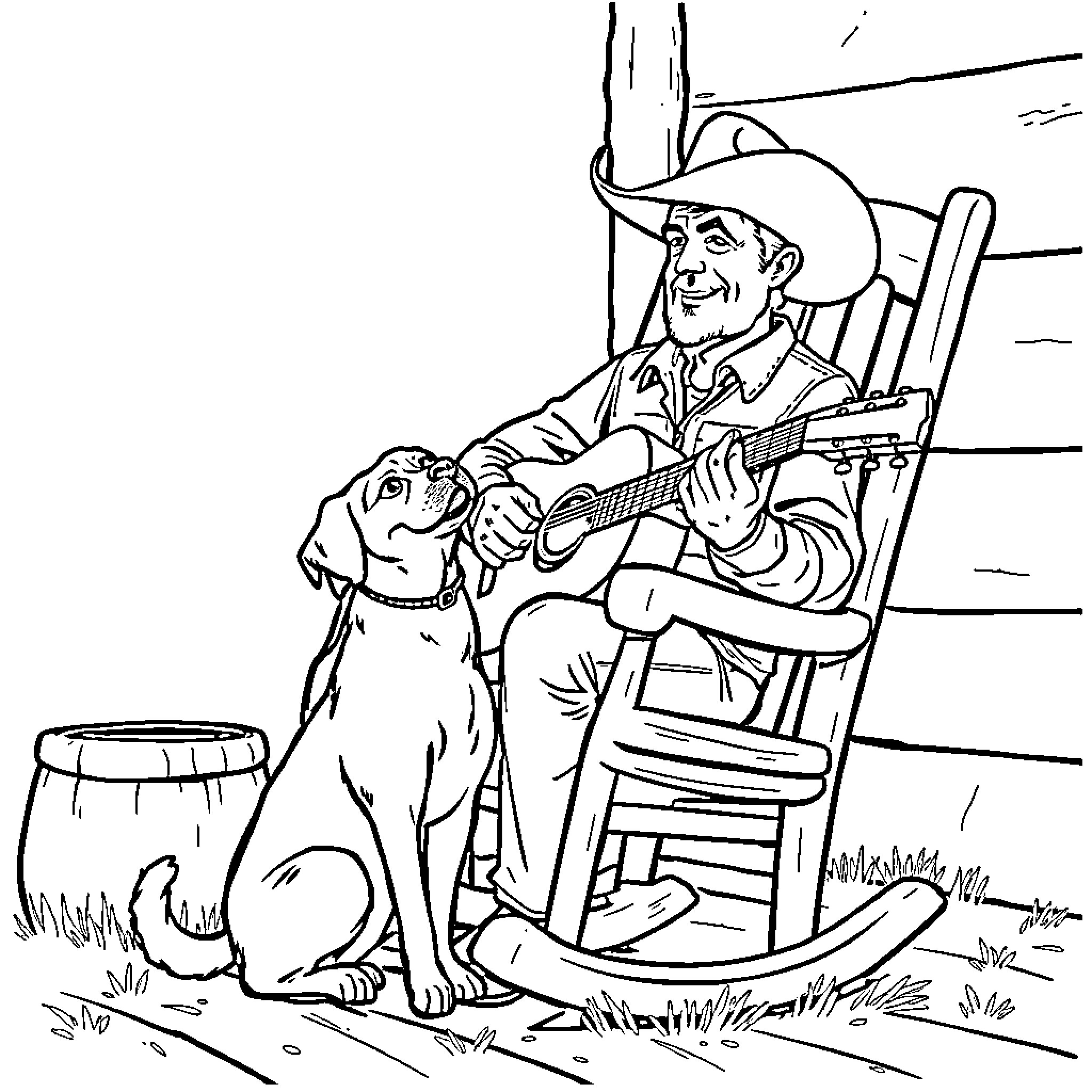 Cowboy relaxing on porch with his loyal dog Coloring Page (free black-and-white line drawing printable PDF for all, from beginners to advanced learners, including children, teens, adults, and seniors)