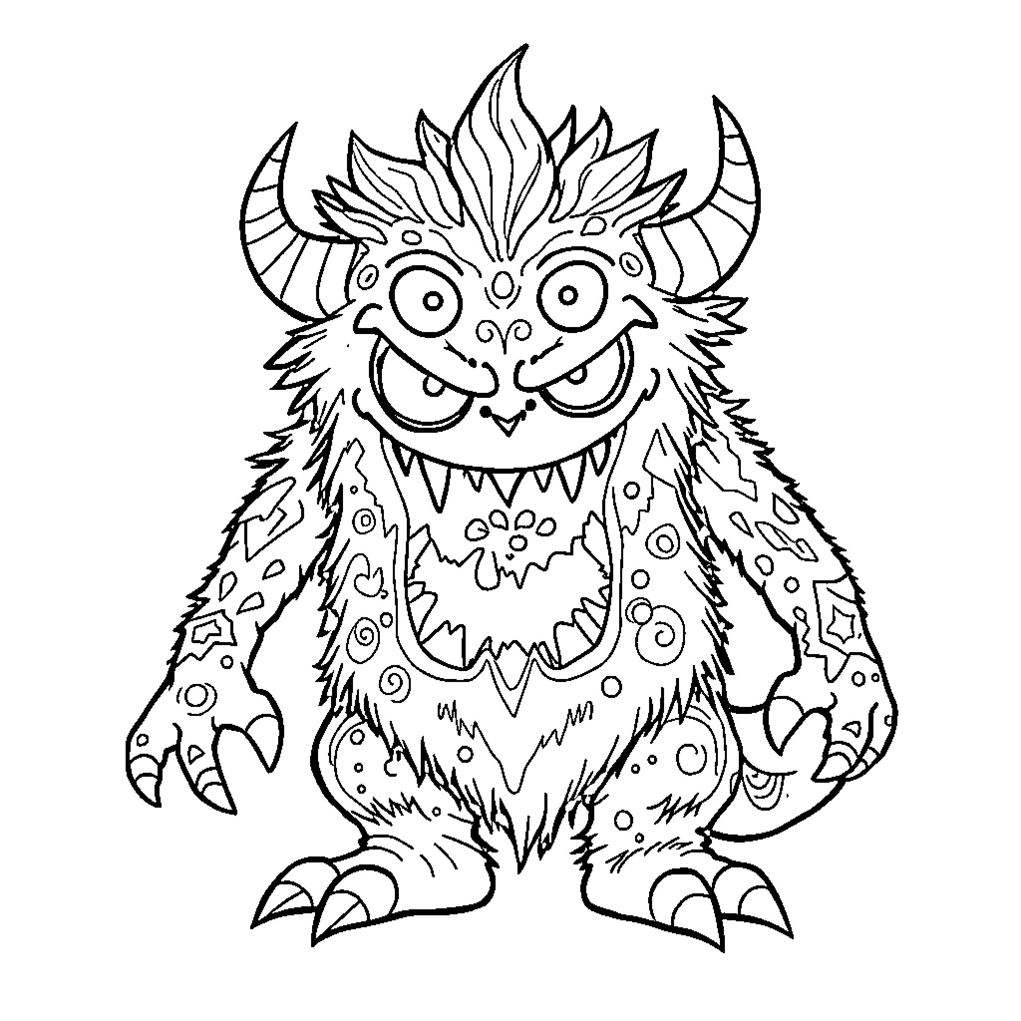 Monster with Fierce Expression and Detailed Outfit Coloring Page (free black-and-white line drawing printable PDF for all, from beginners to advanced learners, including children, teens, adults, and seniors)