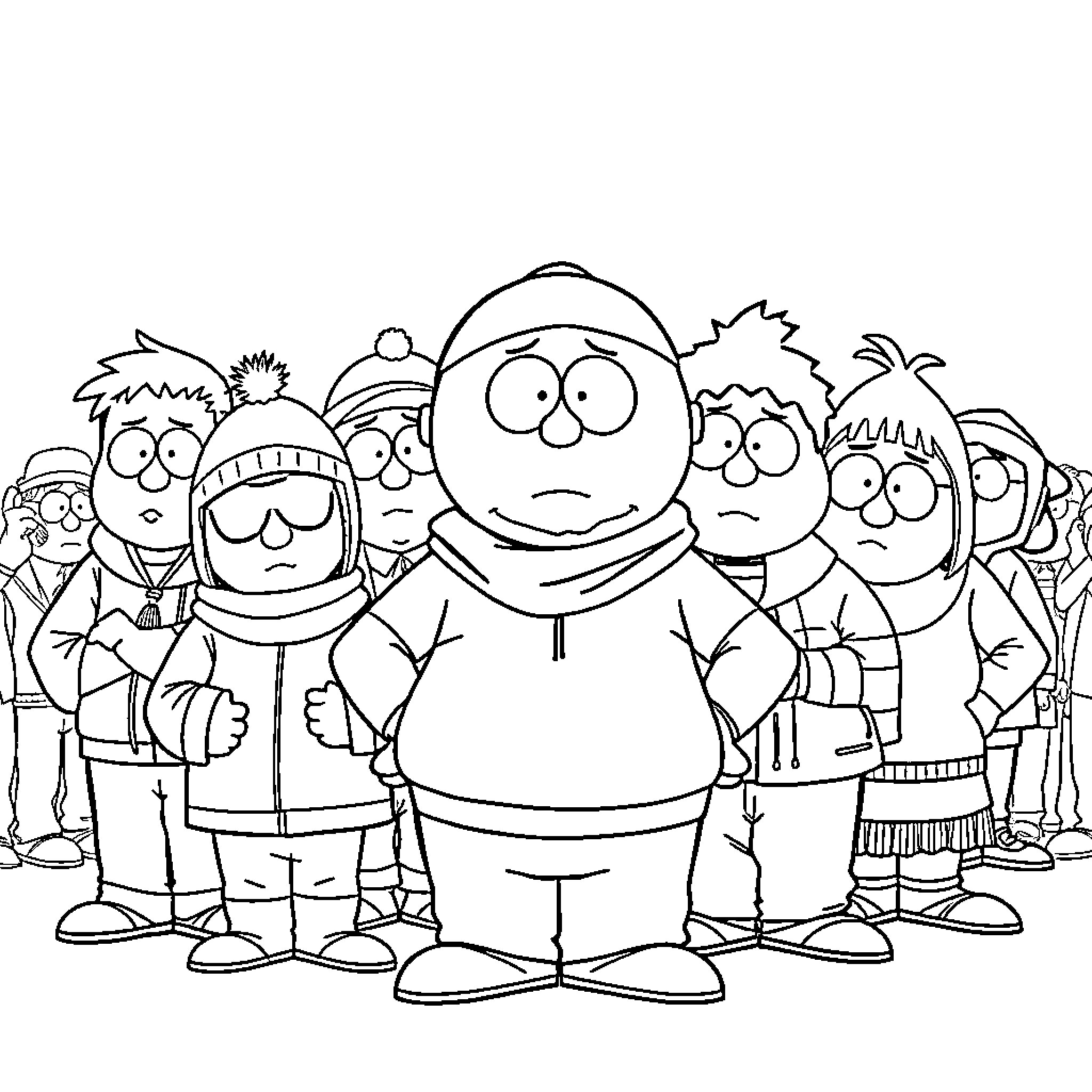 Cartman and his South Park friends Coloring Page (free black-and-white line drawing printable PDF for all, from beginners to advanced learners, including children, teens, adults, and seniors)