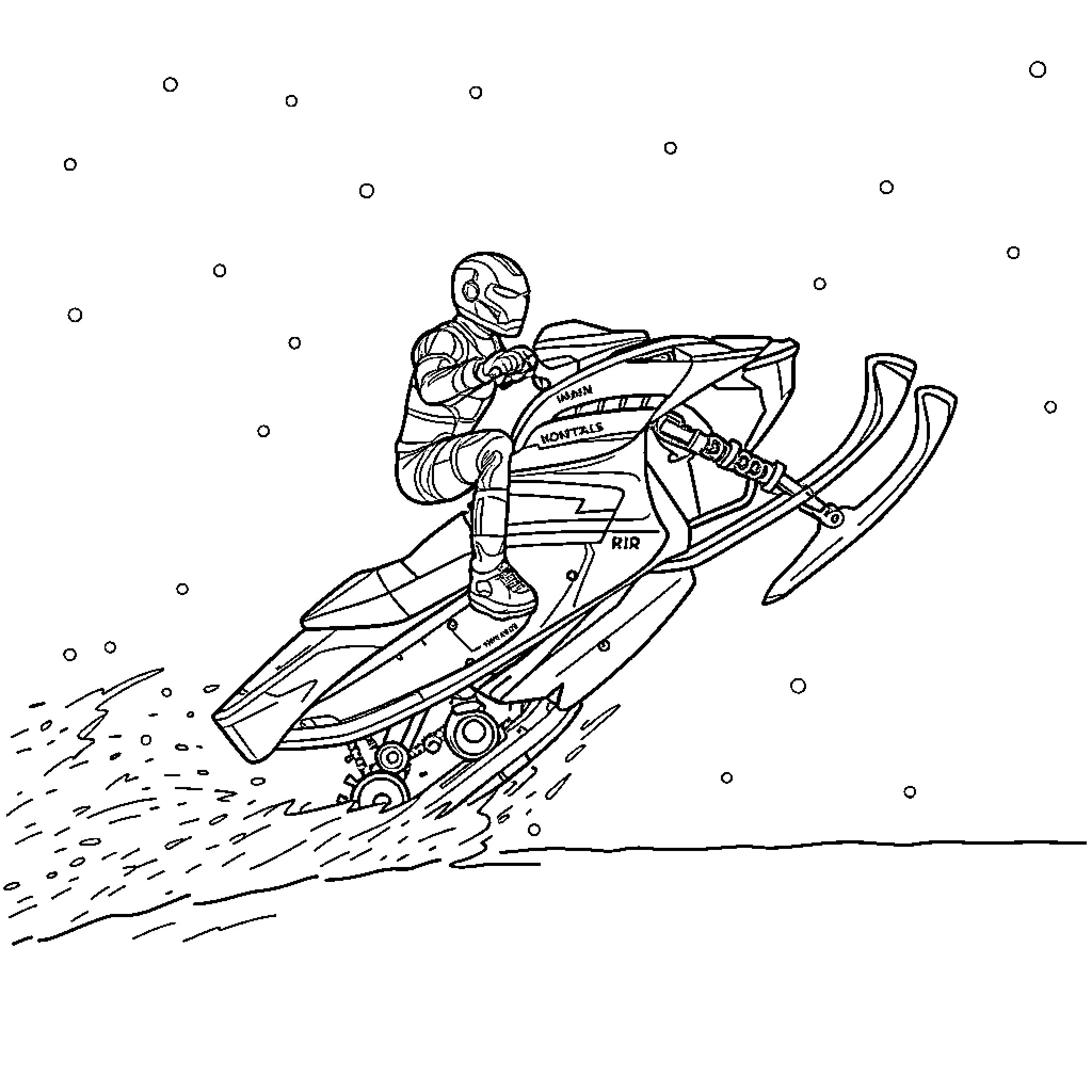 Snowmobile rider speeding through the snow Coloring Page (free black-and-white line drawing printable PDF for all, from beginners to advanced learners, including children, teens, adults, and seniors)