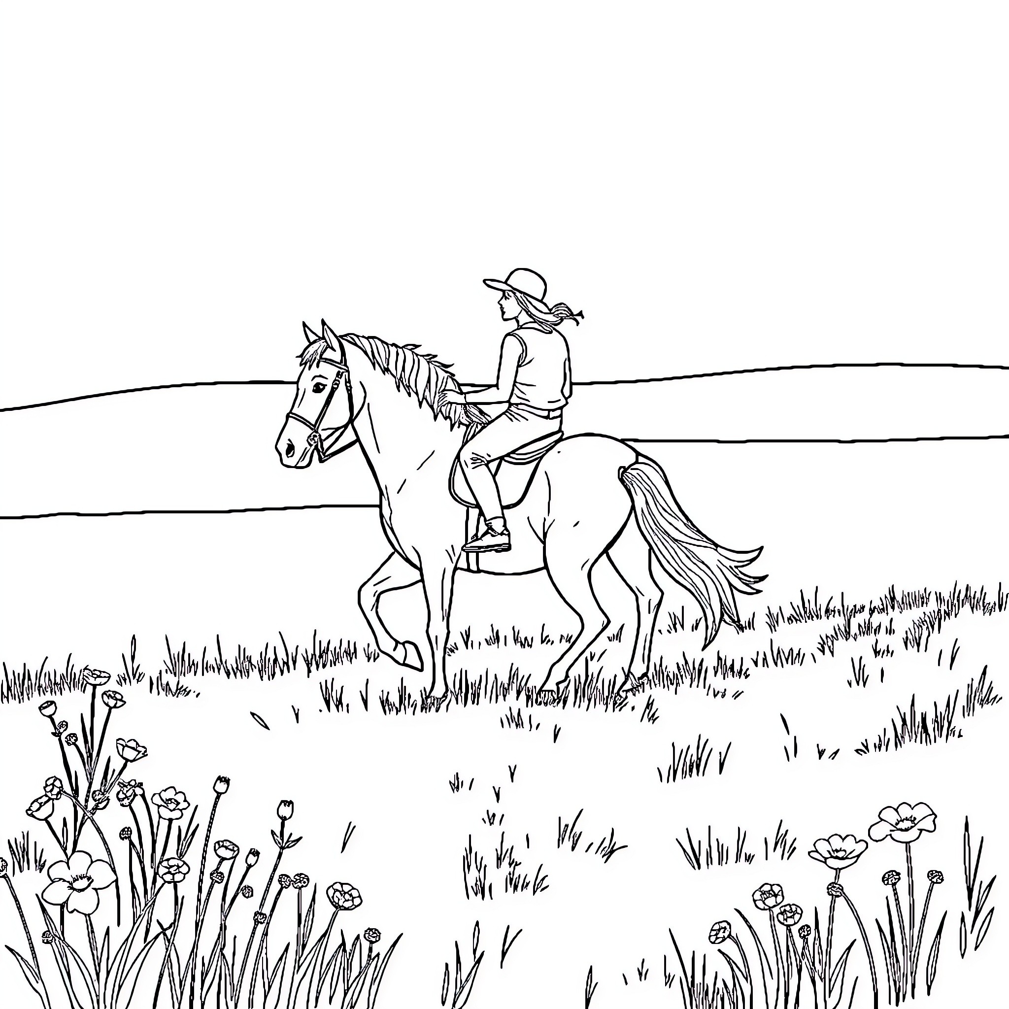Horse and rider exploring open field Coloring Page (free black-and-white line drawing printable PDF for all, from beginners to advanced learners, including children, teens, adults, and seniors)