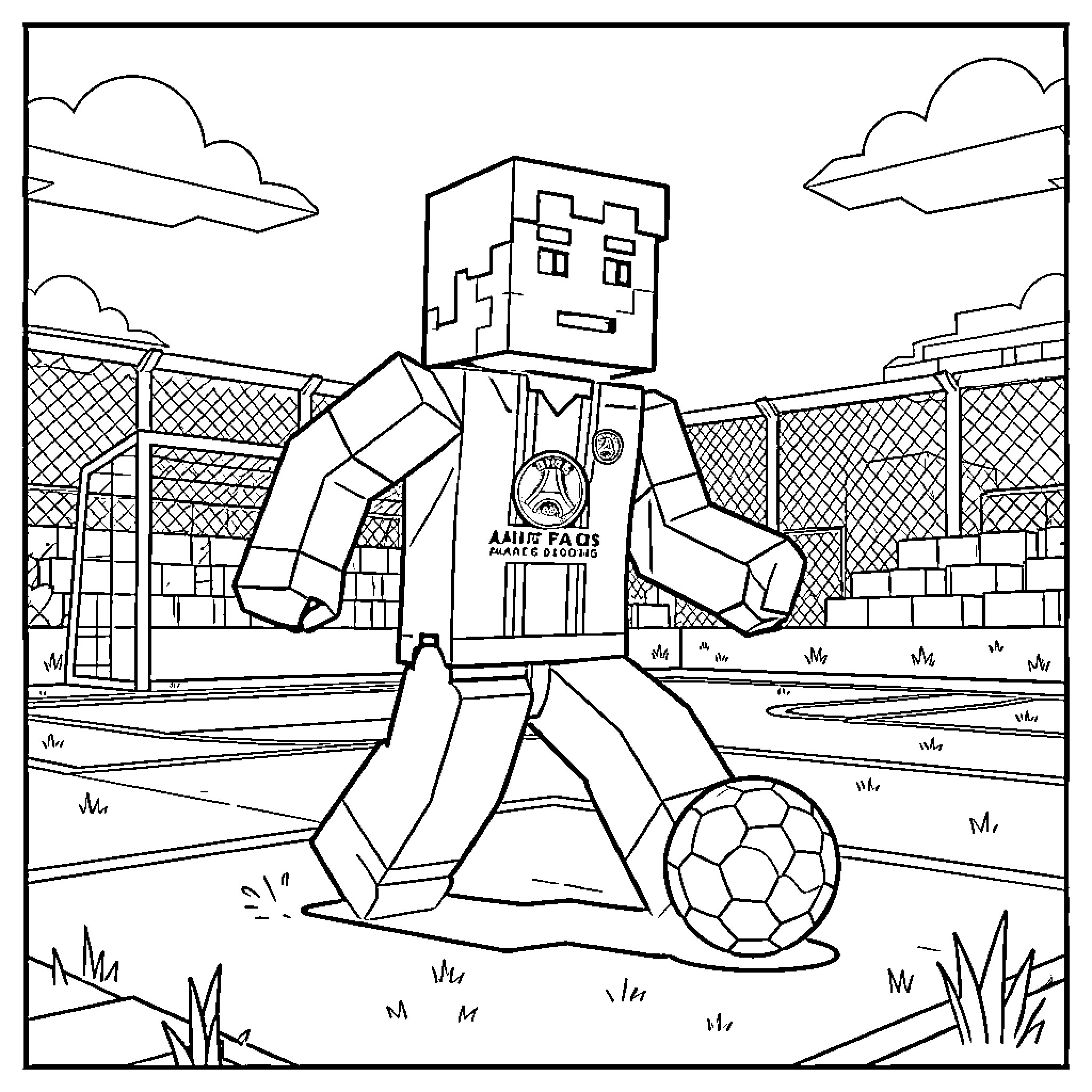Minecraft player kicking soccer ball on sports field Coloring Page (free black-and-white line drawing printable PDF for all, from beginners to advanced learners, including children, teens, adults, and seniors)