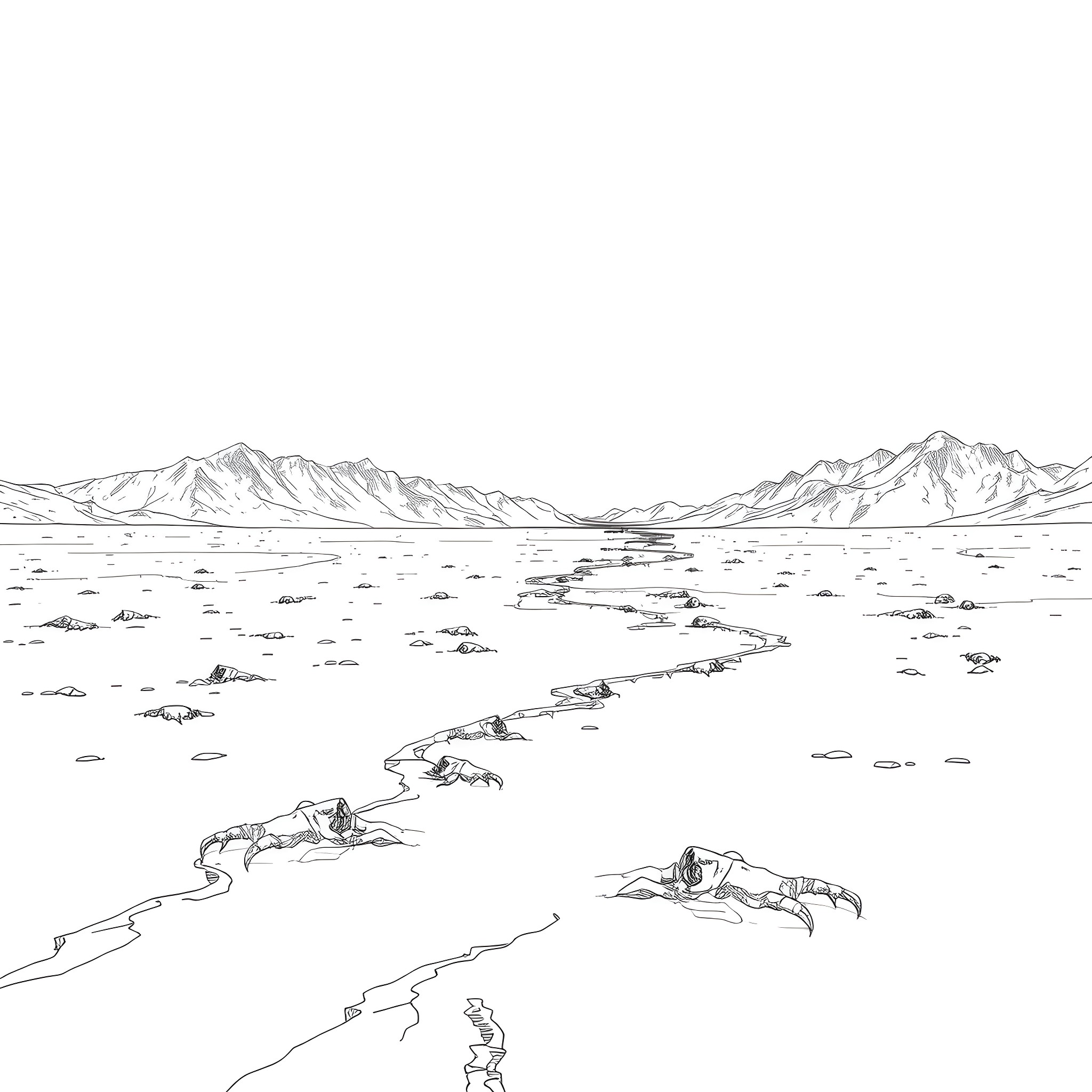 Snowy Wasteland with Figures Navigating the Frozen Landscape Coloring Page (free black-and-white line drawing printable PDF for all, from beginners to advanced learners, including children, teens, adults, and seniors)