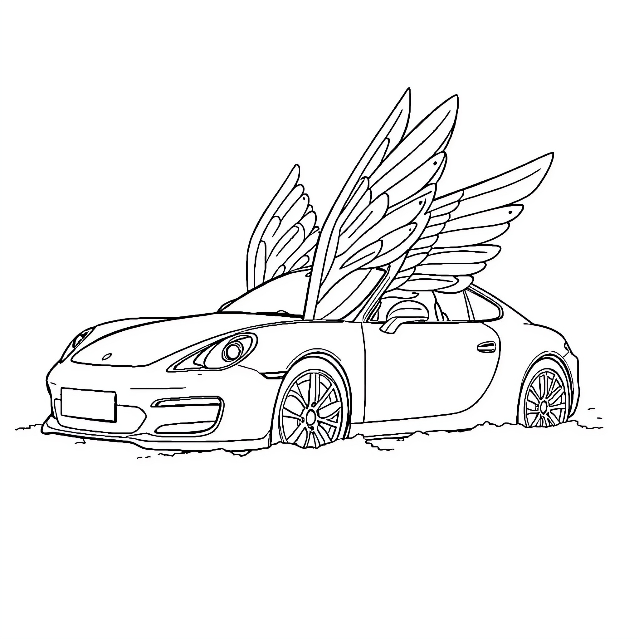 Flying Car with Stylized Wings in Motion Coloring Page (free black-and-white line drawing printable PDF for all, from beginners to advanced learners, including children, teens, adults, and seniors)