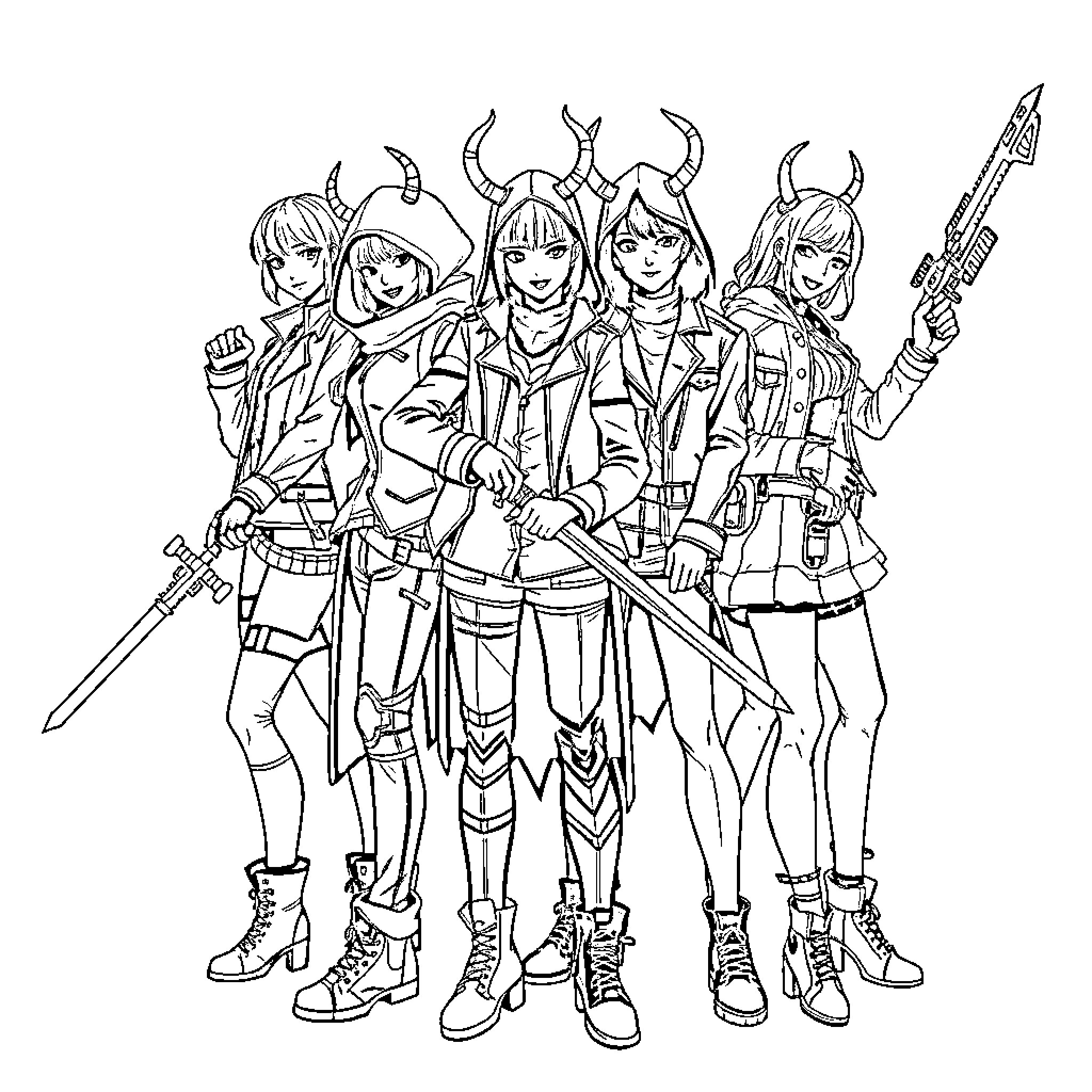 Kpop Demon Hunters in Fierce Combat Attire Coloring Page (free black-and-white line drawing printable PDF for all, from beginners to advanced learners, including children, teens, adults, and seniors)