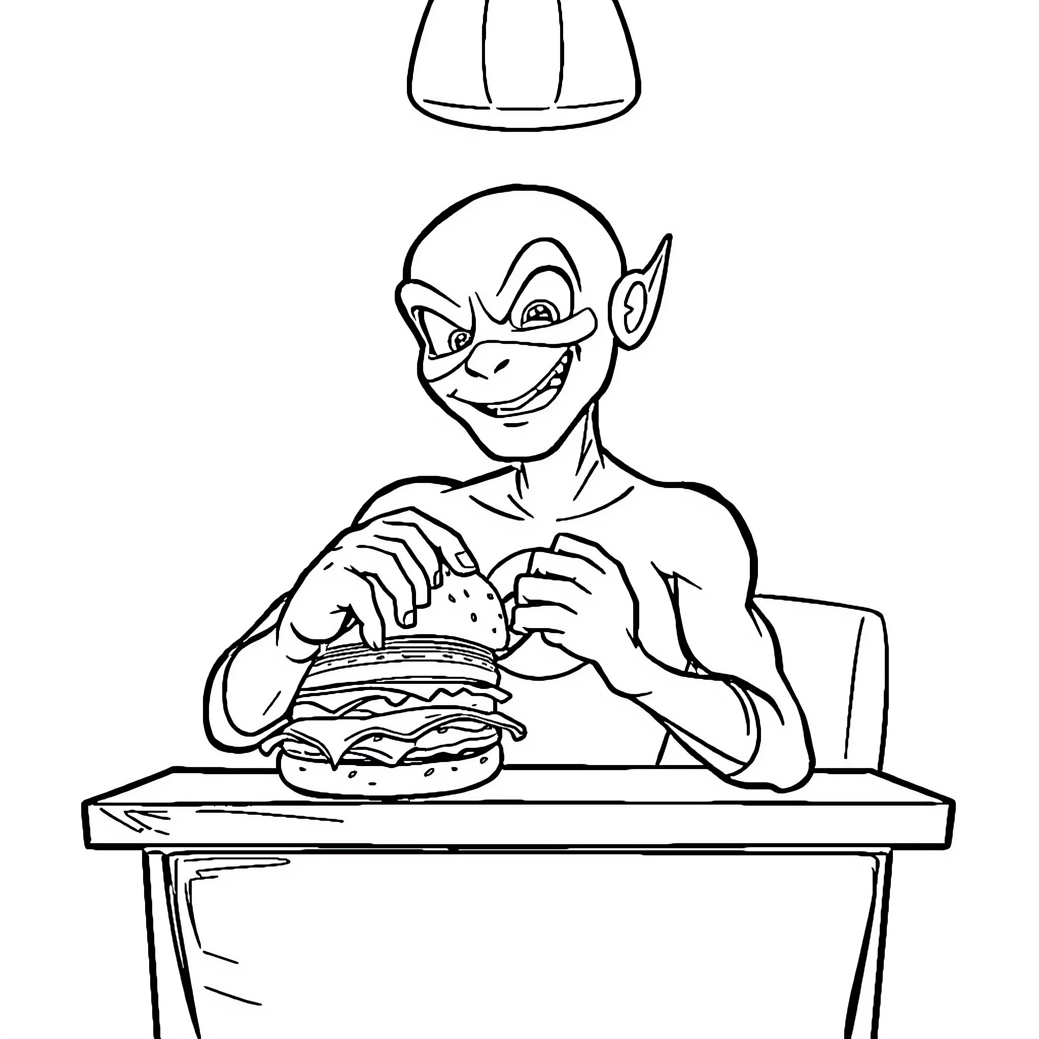 Flash Enjoying a Delicious Burger Coloring Page (free black-and-white line drawing printable PDF for all, from beginners to advanced learners, including children, teens, adults, and seniors)