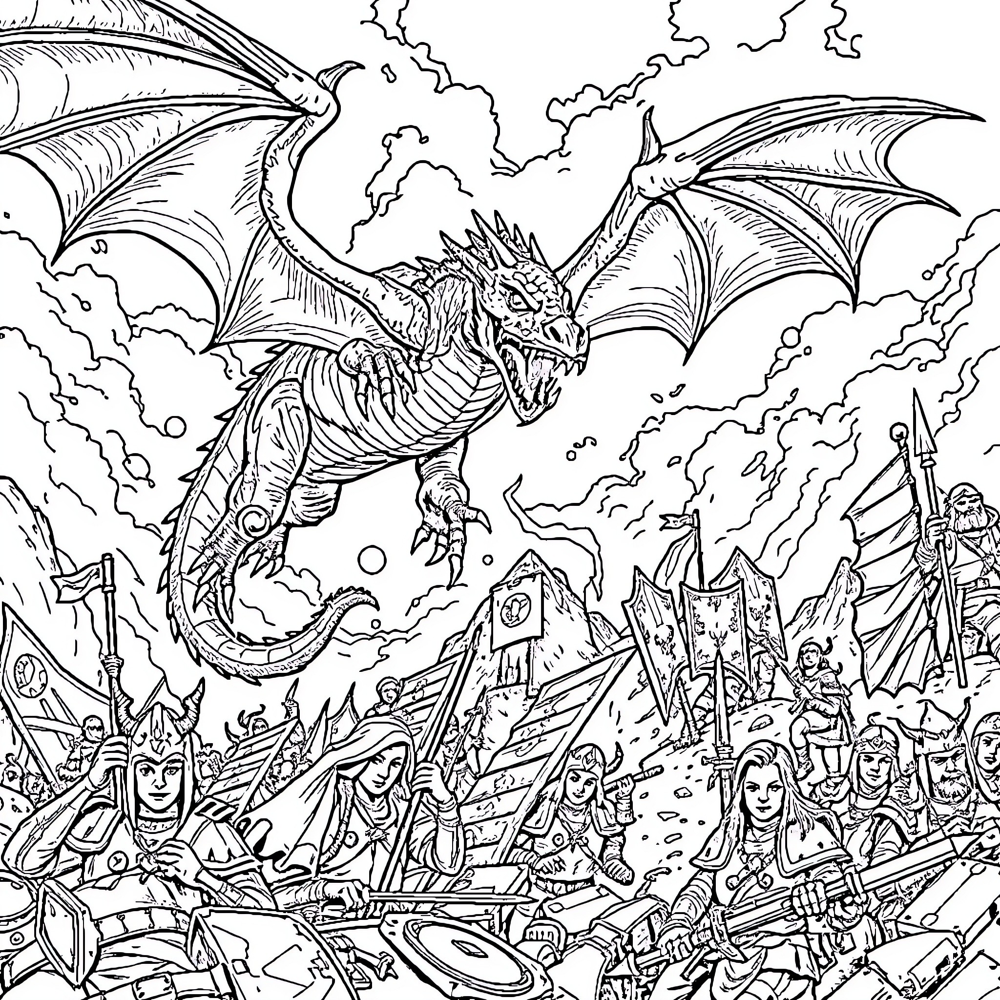 Dragon leading a fierce battle with warriors Coloring Page (free black-and-white line drawing printable PDF for all, from beginners to advanced learners, including children, teens, adults, and seniors)