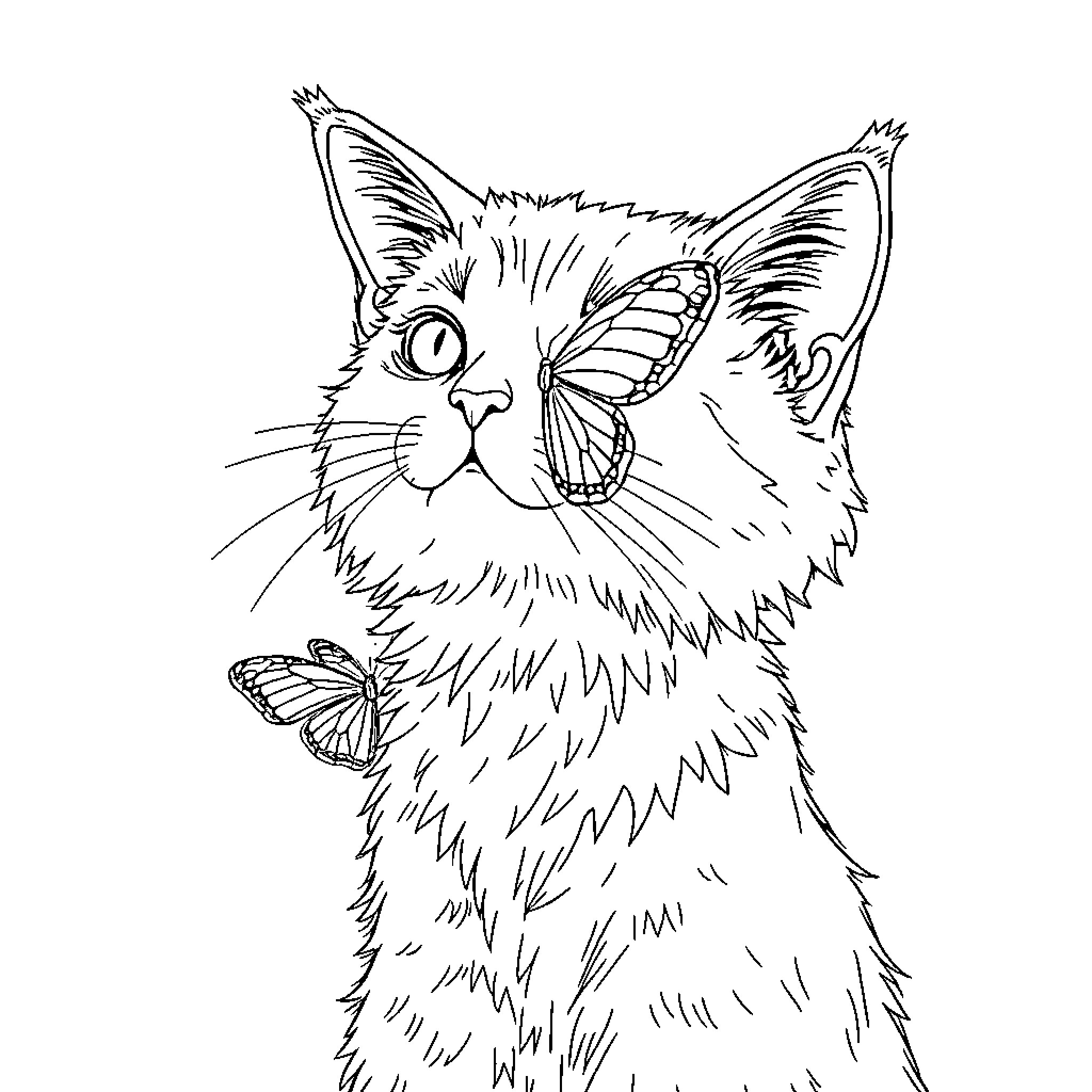 Butterfly-winged feline friend Coloring Page (free black-and-white line drawing printable PDF for all, from beginners to advanced learners, including children, teens, adults, and seniors)