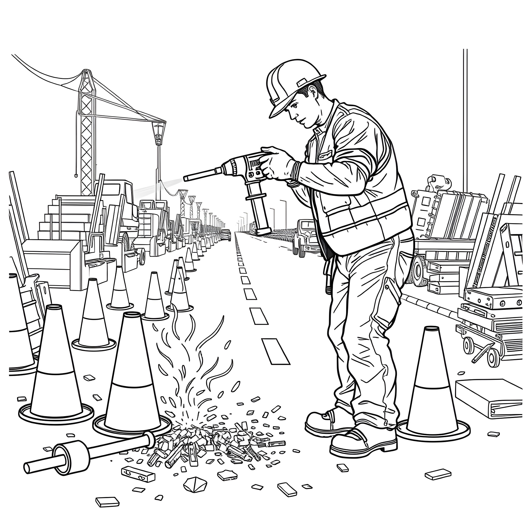 Worker diligently operating power tool on construction site Coloring Page (free black-and-white line drawing printable PDF for all, from beginners to advanced learners, including children, teens, adults, and seniors)