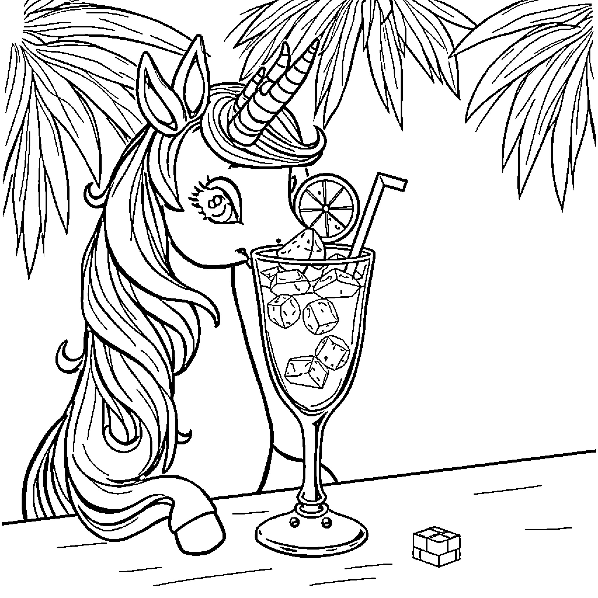 Unicorn enjoying a tropical beverage on the beach Coloring Page (free black-and-white line drawing printable PDF for all, from beginners to advanced learners, including children, teens, adults, and seniors)