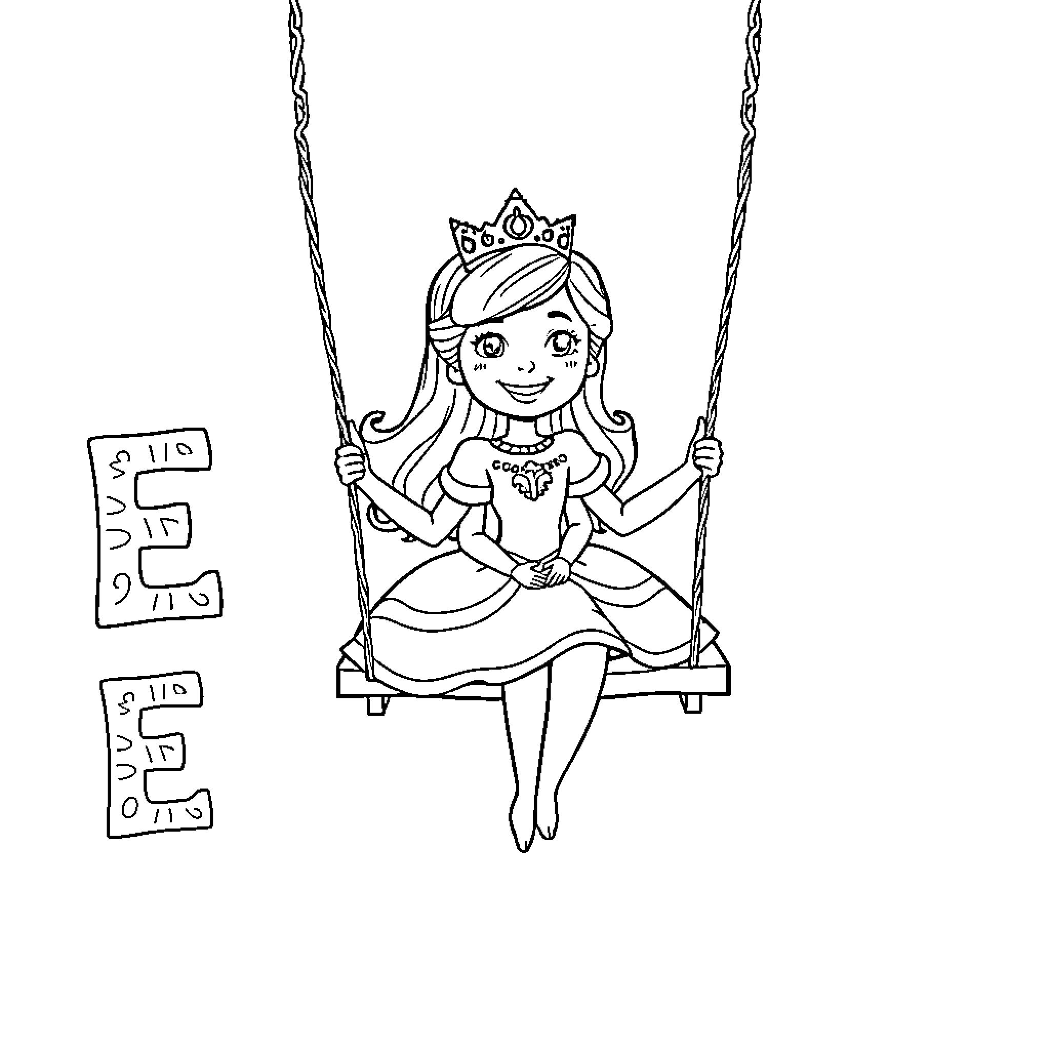 Princess Swinging Happily on Swing Coloring Page (free black-and-white line drawing printable PDF for all, from beginners to advanced learners, including children, teens, adults, and seniors)